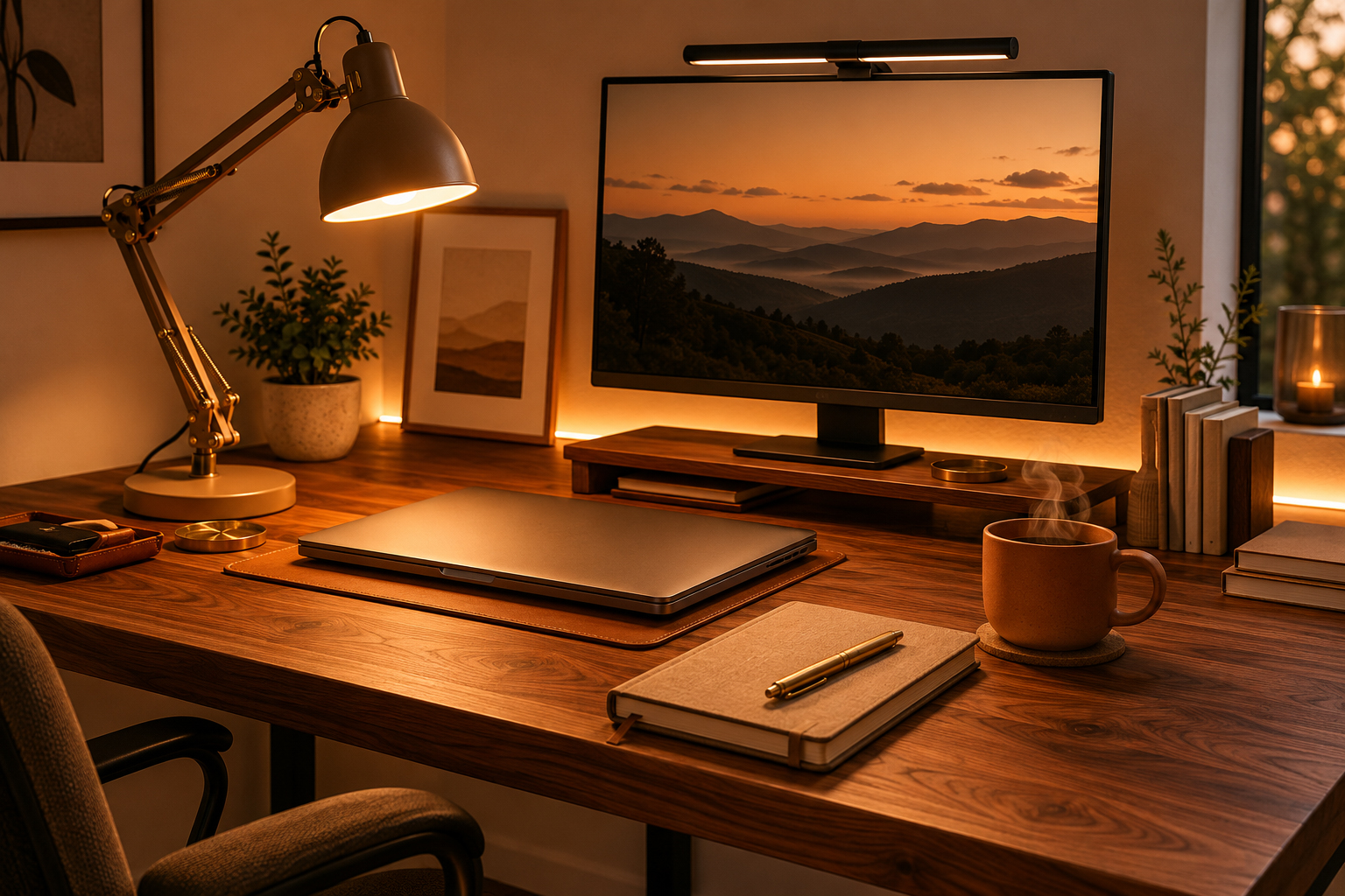 A walnut desk at evening with a sculptural lamp casting a warm pool of light onto the desk surface, with a closed laptop, ceramic mug, and warm LED bias lighting glowing behind the monitor