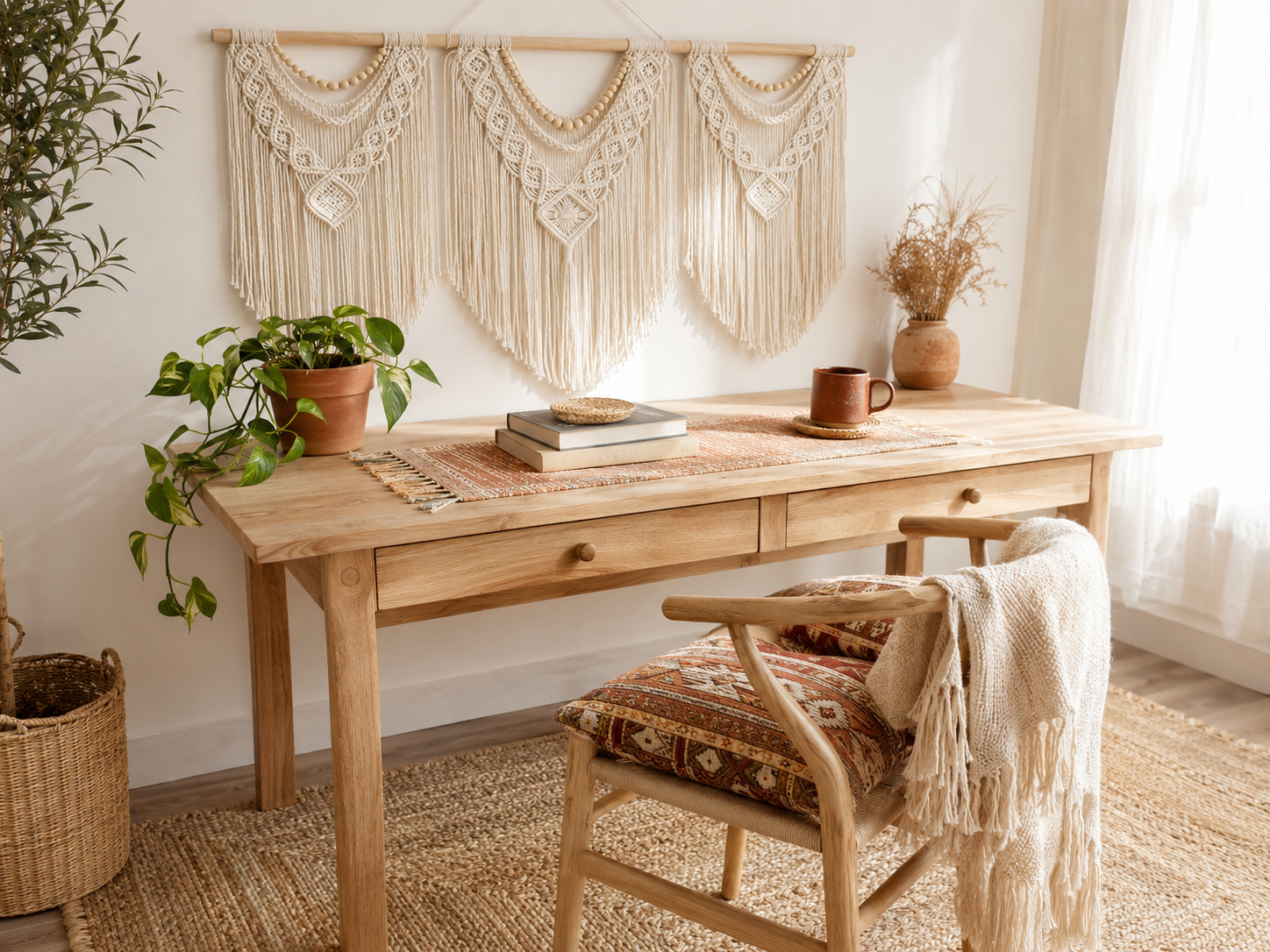 A boho desk with a macramé wall hanging, kilim cushion, woven throw, and jute rug layering multiple textures and patterns