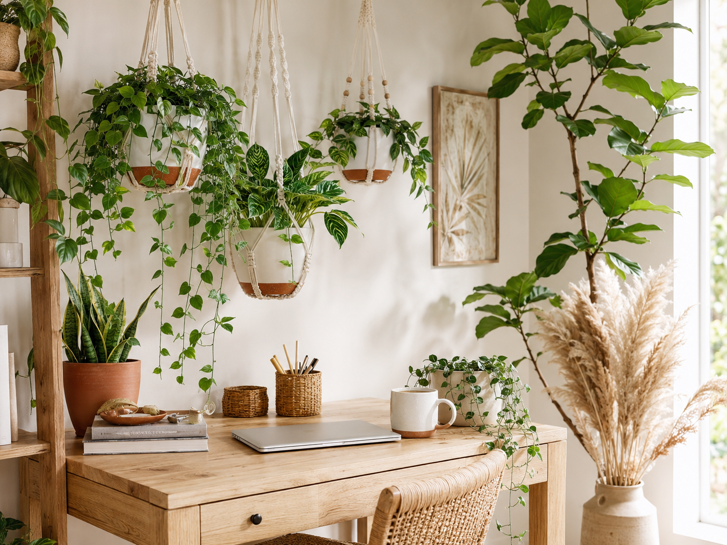 A plant-filled boho desk with a macramé hanging planter, potted snake plant, trailing succulents, and dried pampas grass