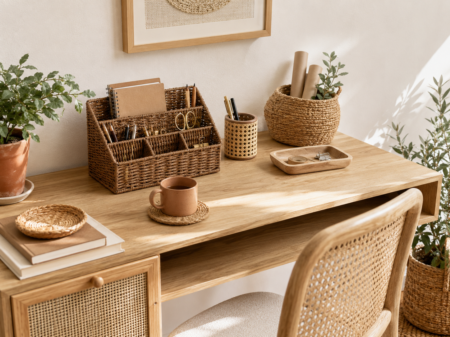A boho desk featuring a rattan desk organizer, woven jute baskets, cane details, and raw light wood natural materials