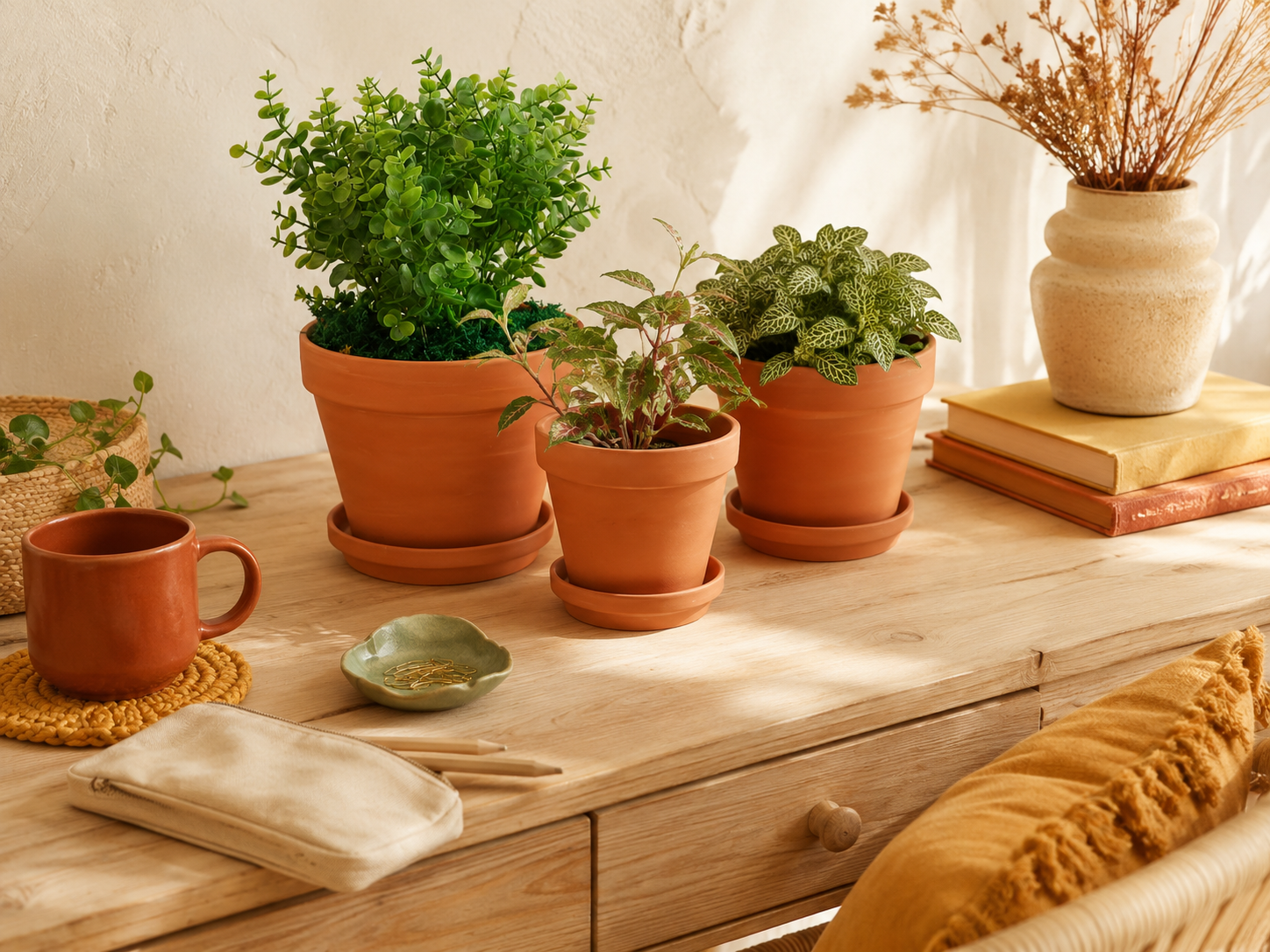 A boho desk in a warm earthy palette of terracotta, rust, mustard, ochre, and sage green with ceramic planters