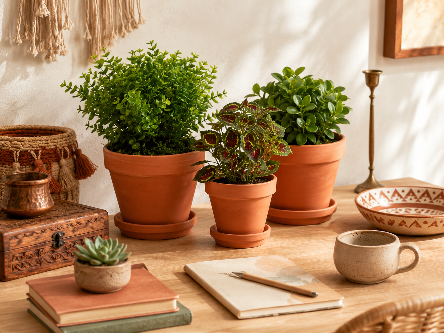 A boho desk styled with handcrafted artisanal accents including terracotta ceramics, hammered brass, and folk-pattern dishes