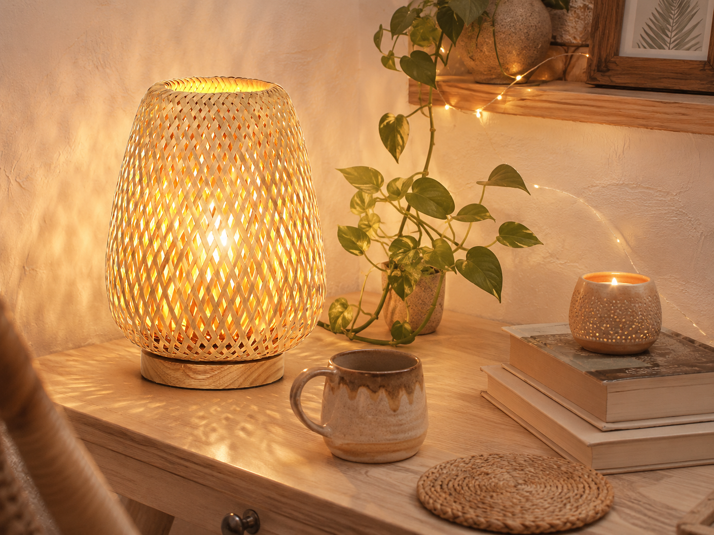 A boho desk with a woven rattan lamp casting patterned light, warm fairy lights, and a candle creating soft ambient glow