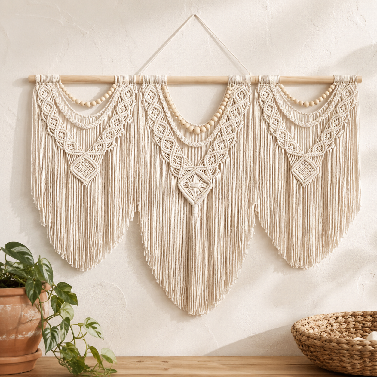 Achart large boho macramé wall hanging with geometric knot pattern and cotton tassels mounted above a desk