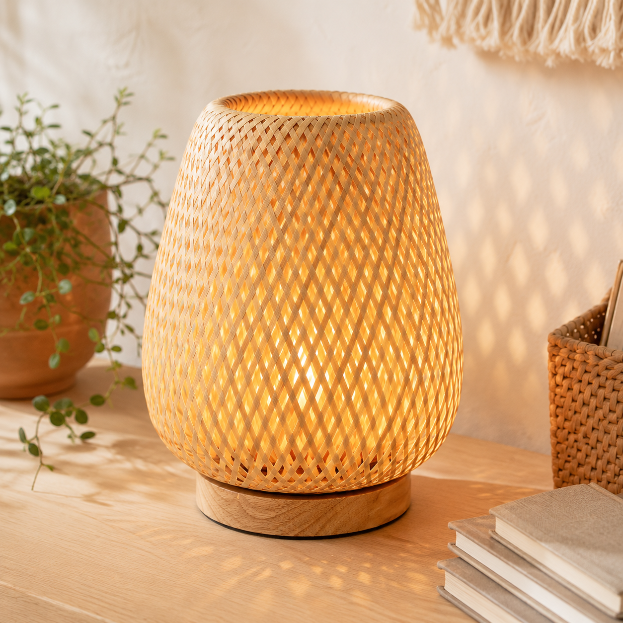 Woven rattan table lamp with dimmable warm bulb casting patterned light through the natural shade on a boho desk