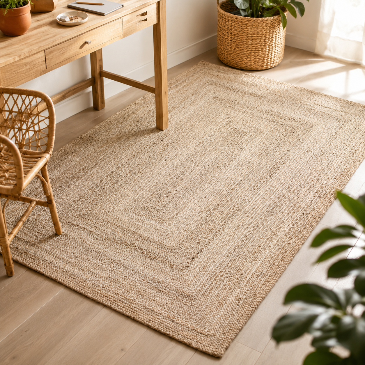 SAFAVIEH natural handmade flatweave jute area rug grounding a boho desk workspace