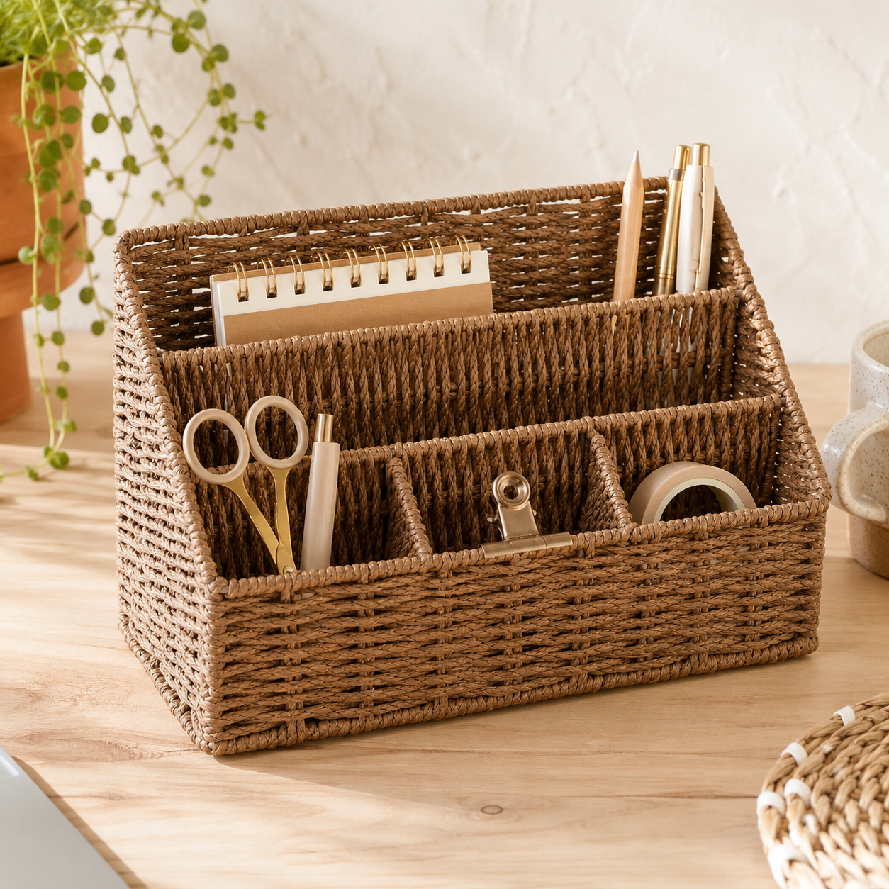 DINGTAI woven rattan desk organizer holding pens and supplies on a light wood boho desk