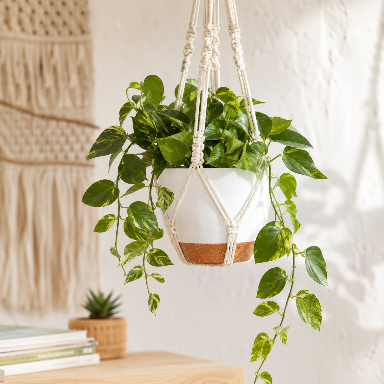Bouqlife set of three macramé hanging planters holding trailing plants near a boho desk