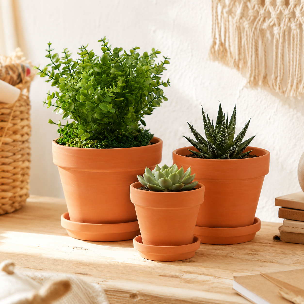 Yishang terracotta ceramic planters with drainage holes and saucers holding plants on a boho desk