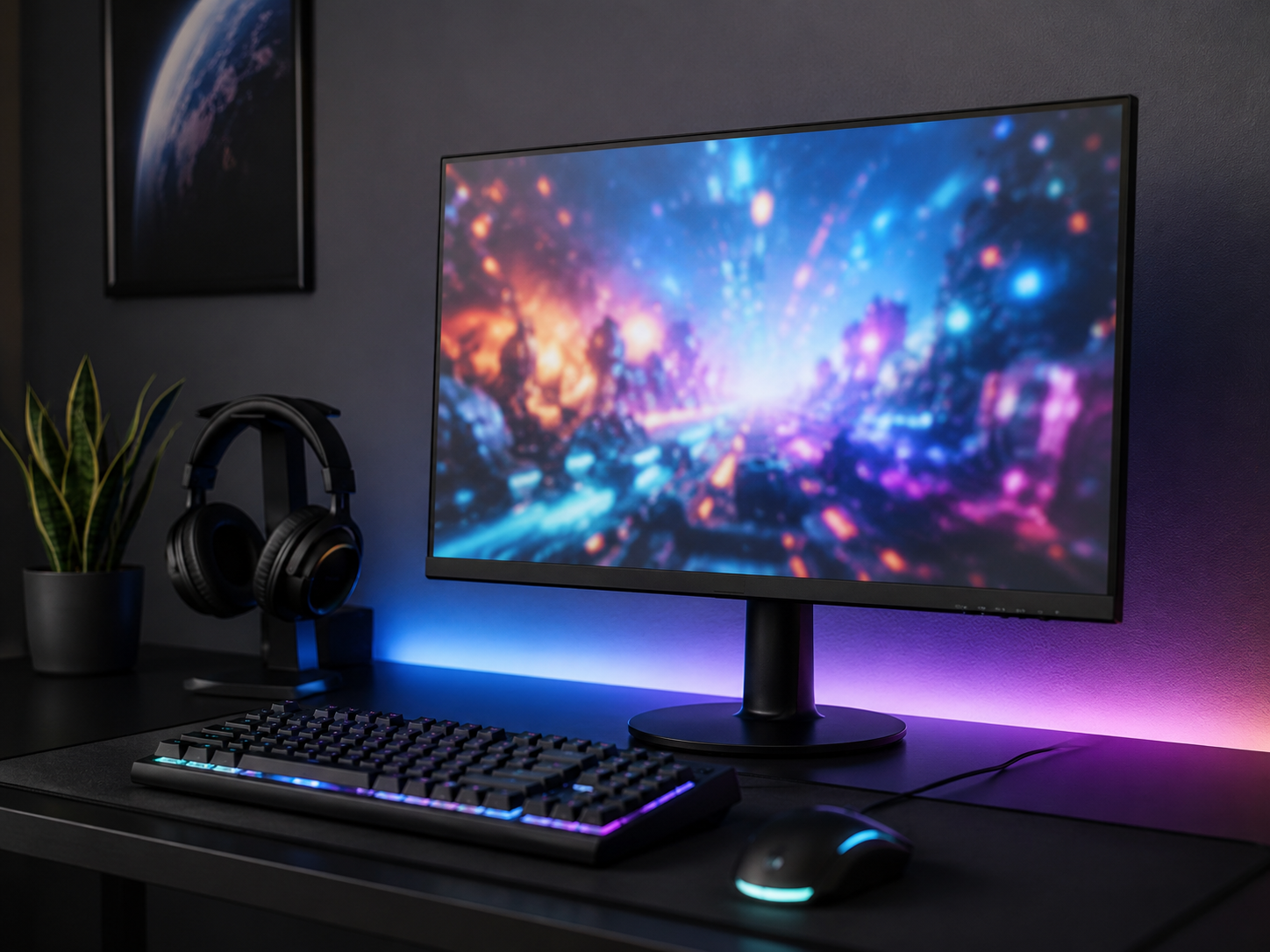 An affordable gaming monitor on a clamp arm at eye level on a budget gaming desk with screen glow and RGB backlight