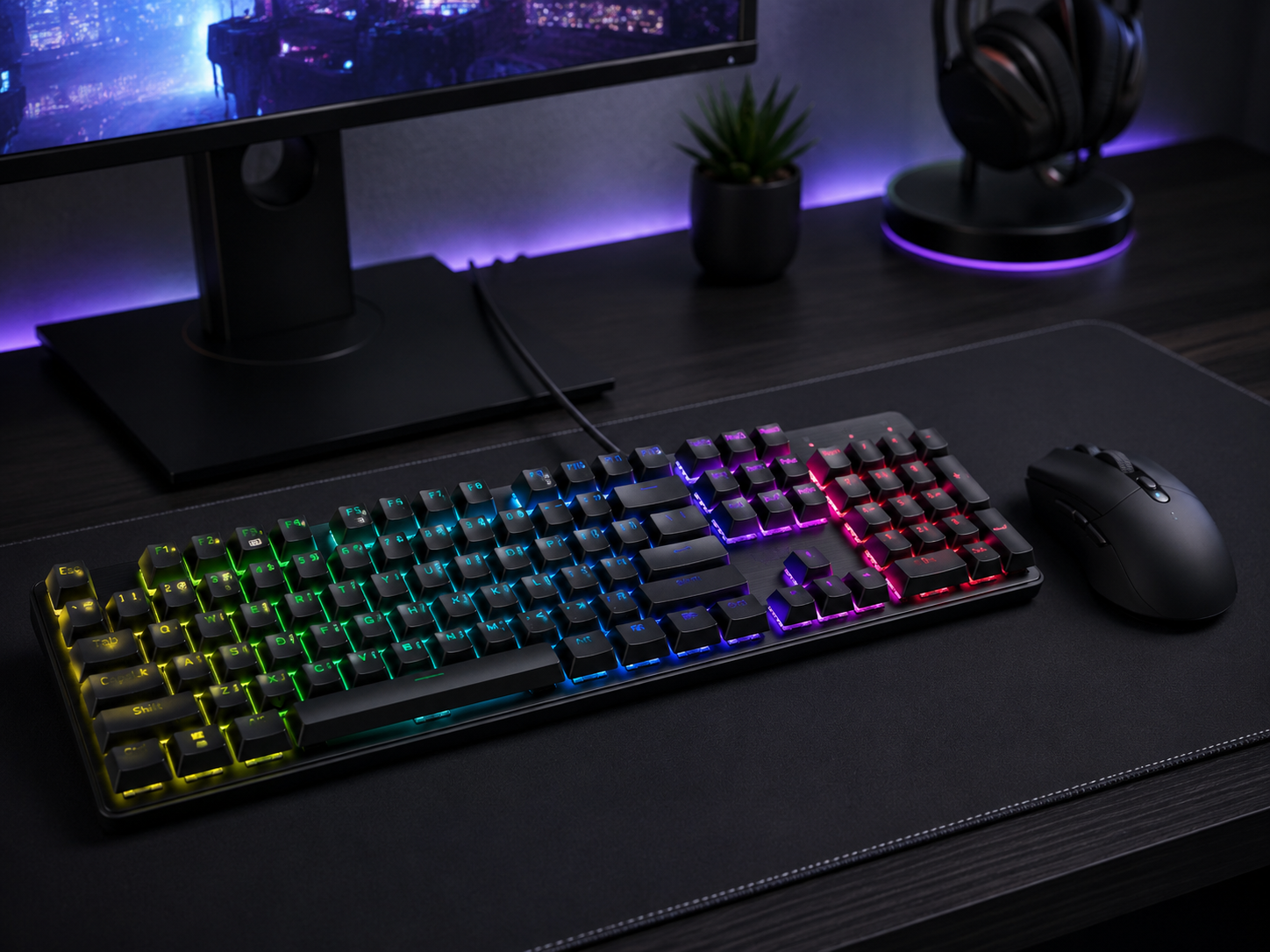 A budget mechanical keyboard and gaming mouse with tasteful RGB backlighting on a dark desk mat