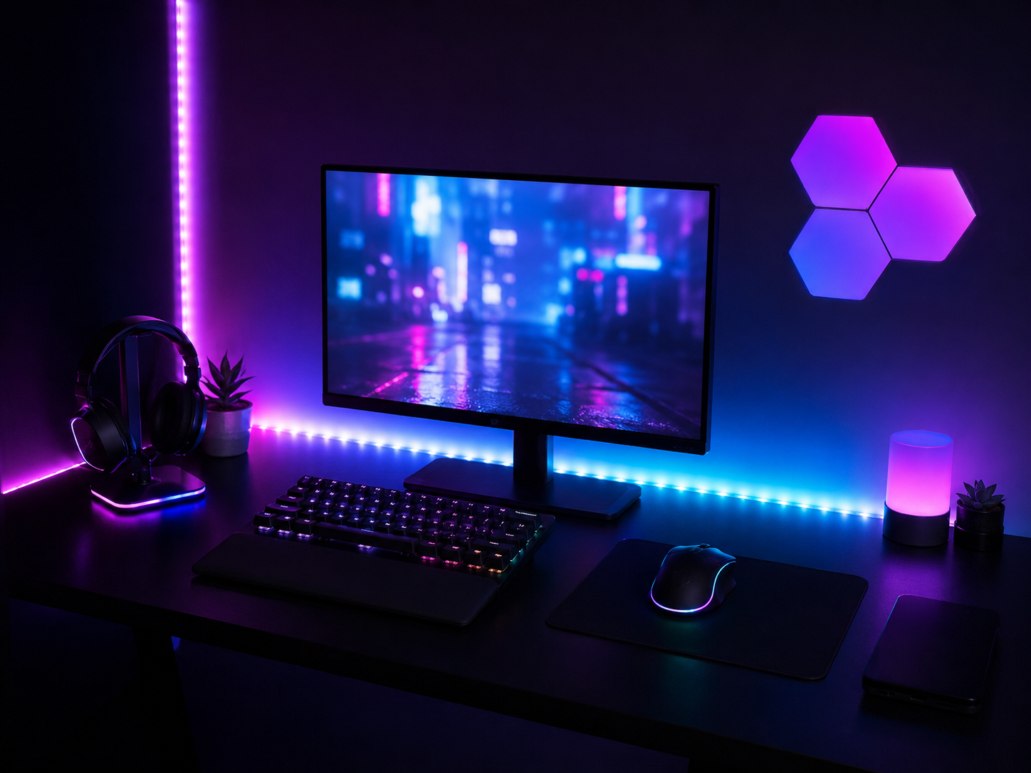 Affordable RGB LED strip lighting casting a controlled purple-blue gradient glow behind a budget gaming setup