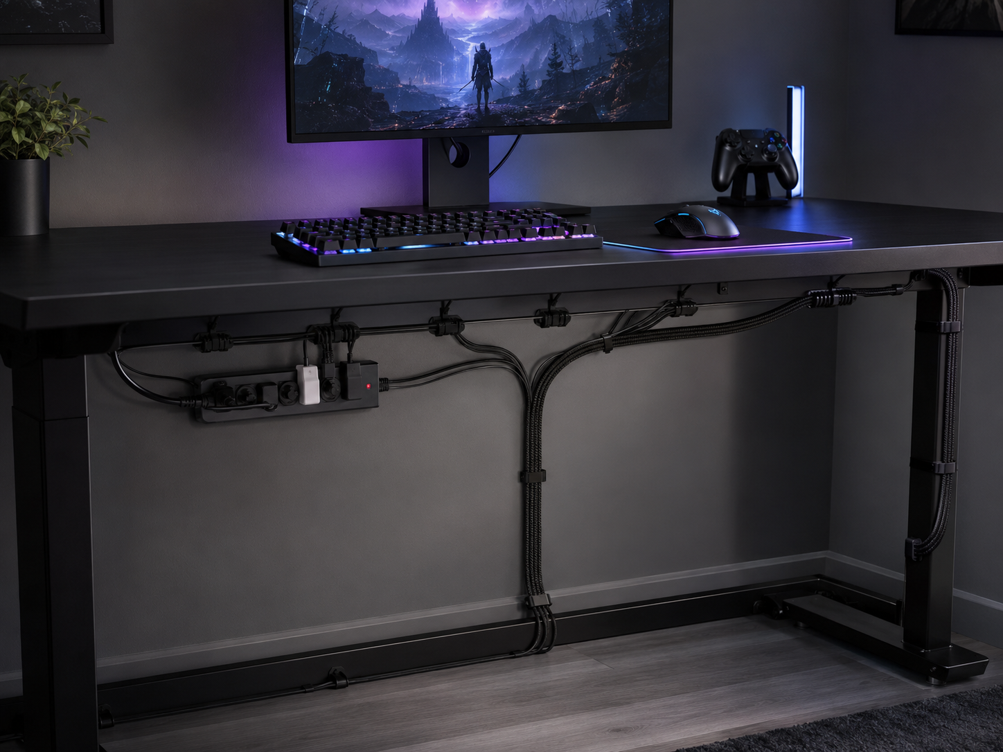 Clean cable management on a budget gaming desk using cable sleeves, clips, and an under-desk tray