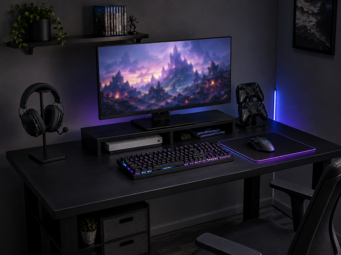 Smart small-space storage on a compact gaming desk with a headset stand, under-monitor shelf, and wall shelf