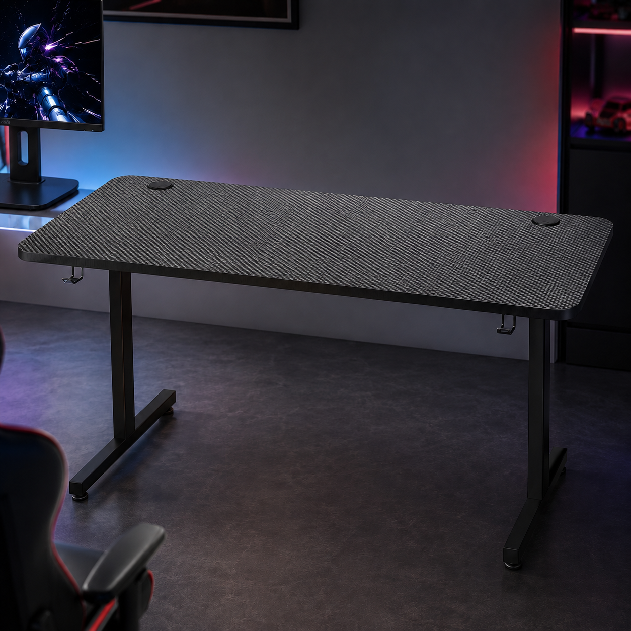 GTPLAYER 55 inch gaming desk with LED lights, black carbon-texture top, and steel frame