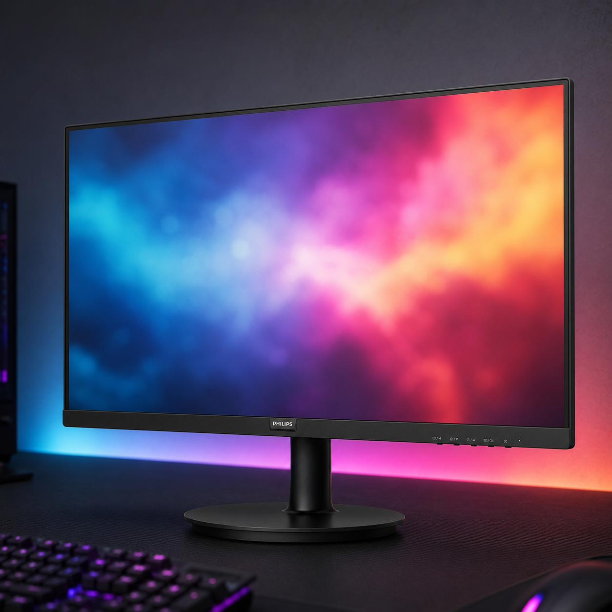 Philips 24 inch 100Hz frameless computer monitor displaying a colorful game scene on a gaming desk