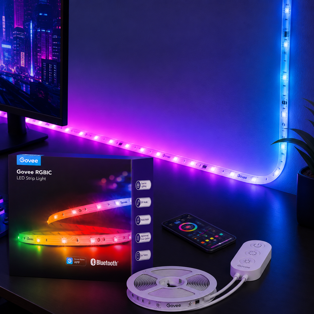 Govee RGBIC LED strip lights casting a controlled color gradient behind a gaming setup