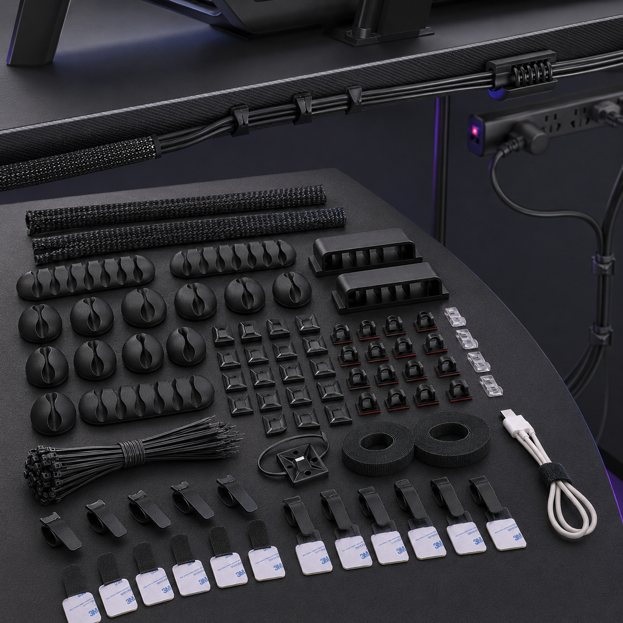 Cord management organizer kit with cable sleeves, clips, and fastening ties for a gaming desk