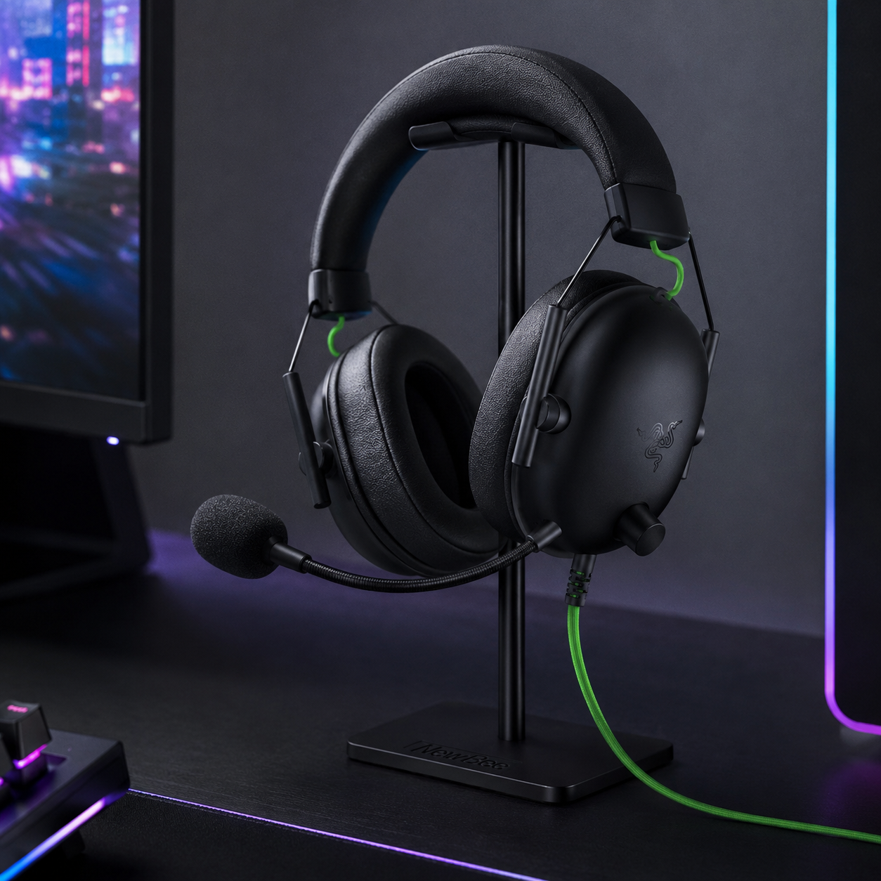 New Bee headphone stand holding a gaming headset, keeping the desk surface clear