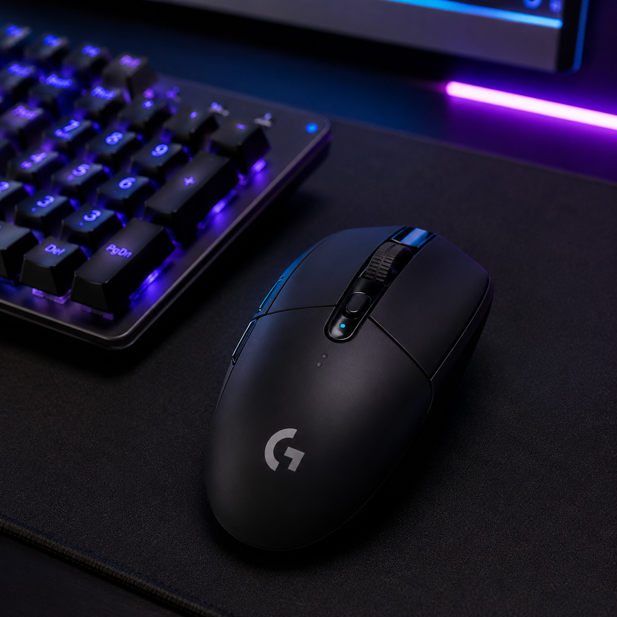Logitech G305 Lightspeed wireless gaming mouse on a dark desk mat