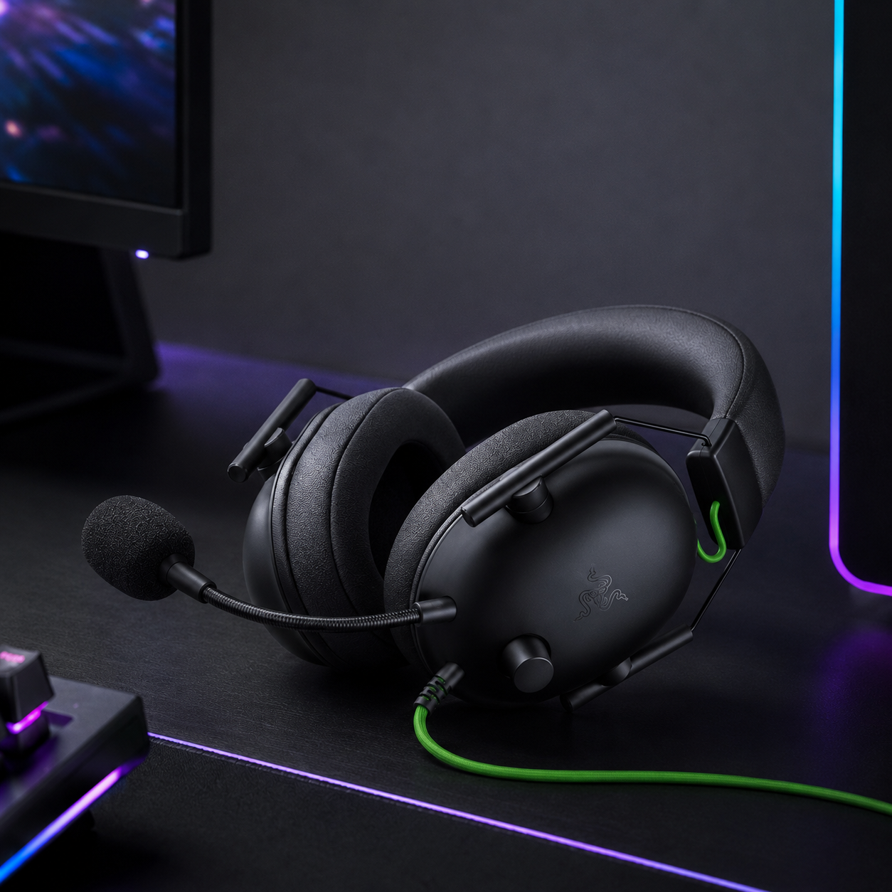 Razer BlackShark V2 X gaming headset with cushioned ear cups on a gaming desk
