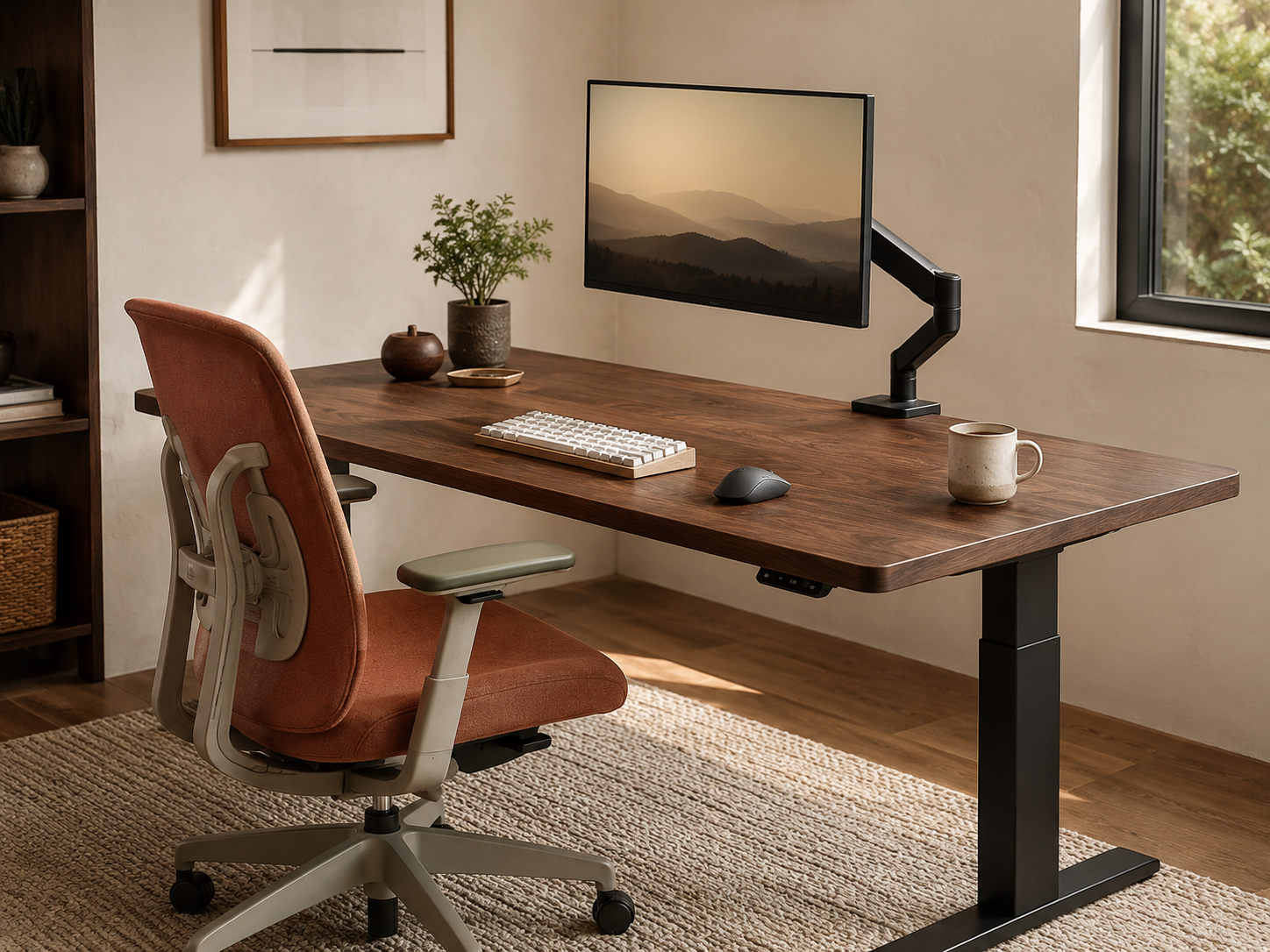 A walnut height-adjustable desk in sitting position with an ergonomic chair in warm terracotta upholstery and a 27-inch monitor on an articulating arm positioned at eye level