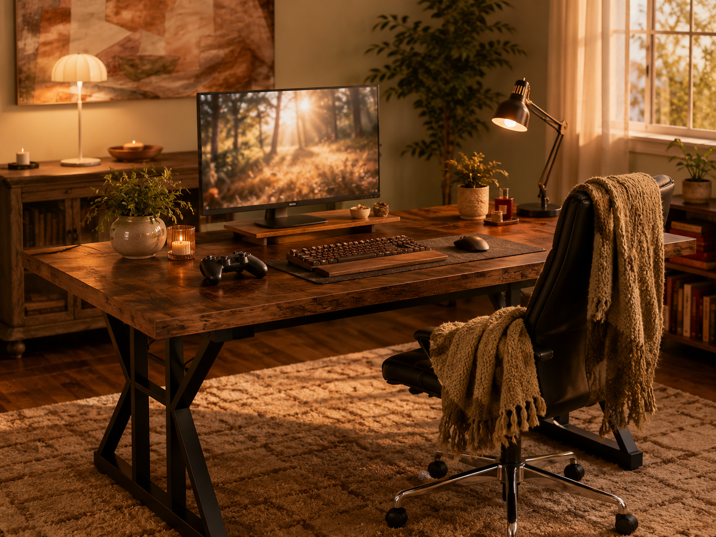A cozy gaming desk setup with a warm-wood desk, cream and sage palette, and soft golden light in a lived-in corner