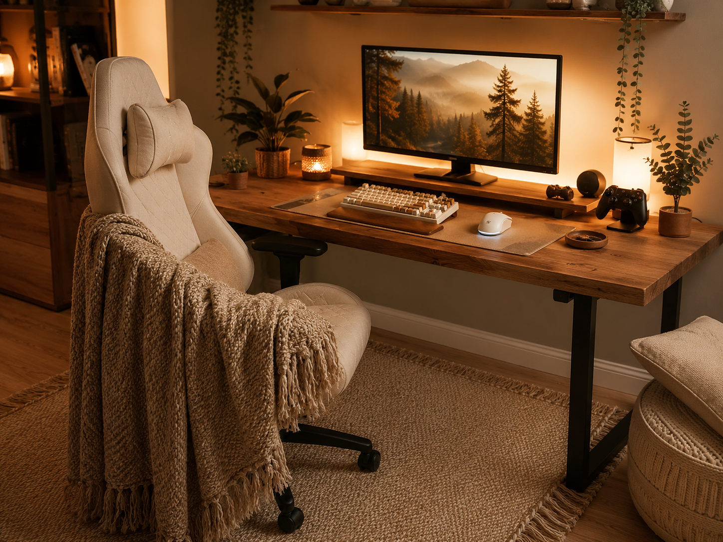 A cozy gaming corner layered with a knit throw over the chair and a soft textured rug in warm earthy tones