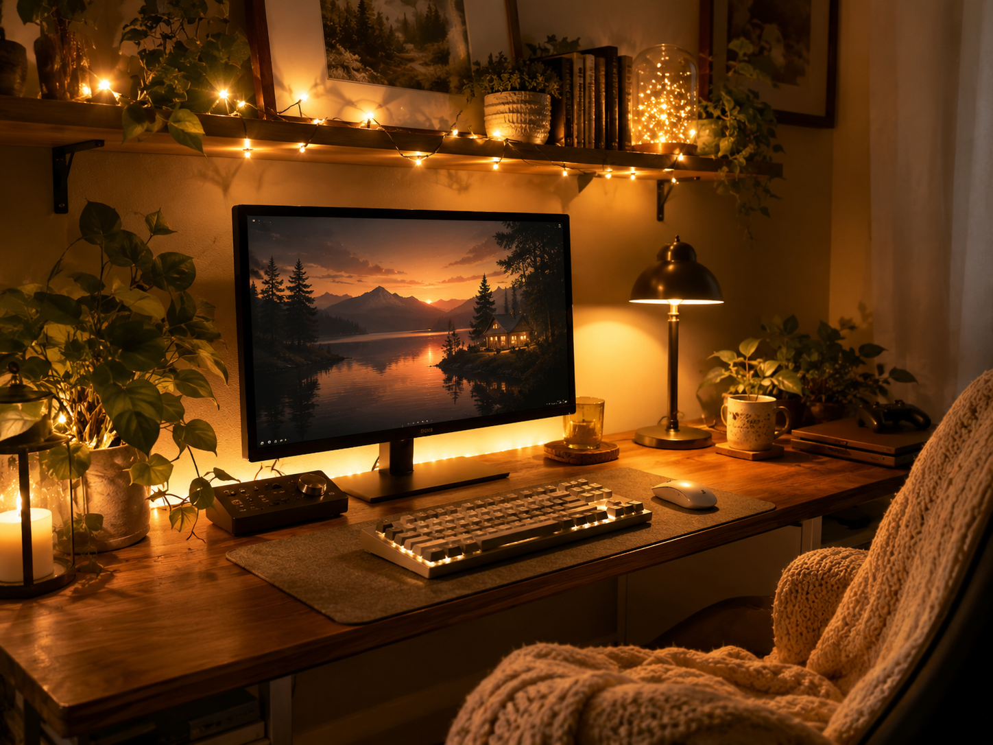 A cozy gaming desk lit by warm-white fairy lights and a warm lamp casting an amber glow in the evening