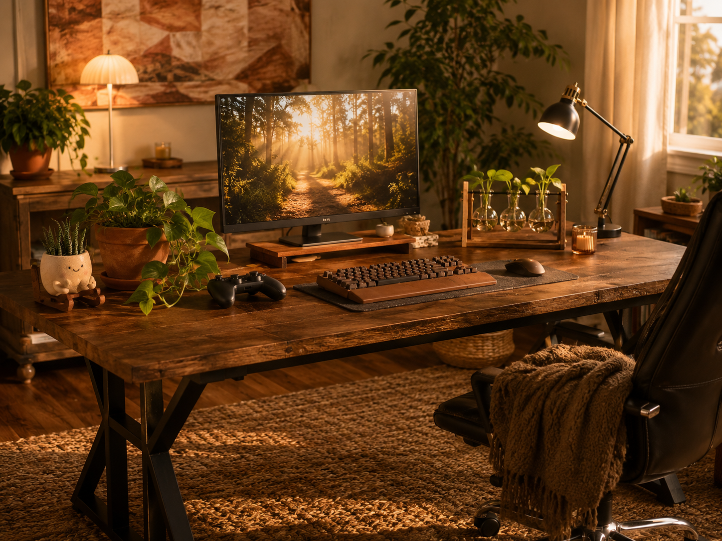 A cozy gaming desk with potted plants and greenery in warm-toned planters softening the tech