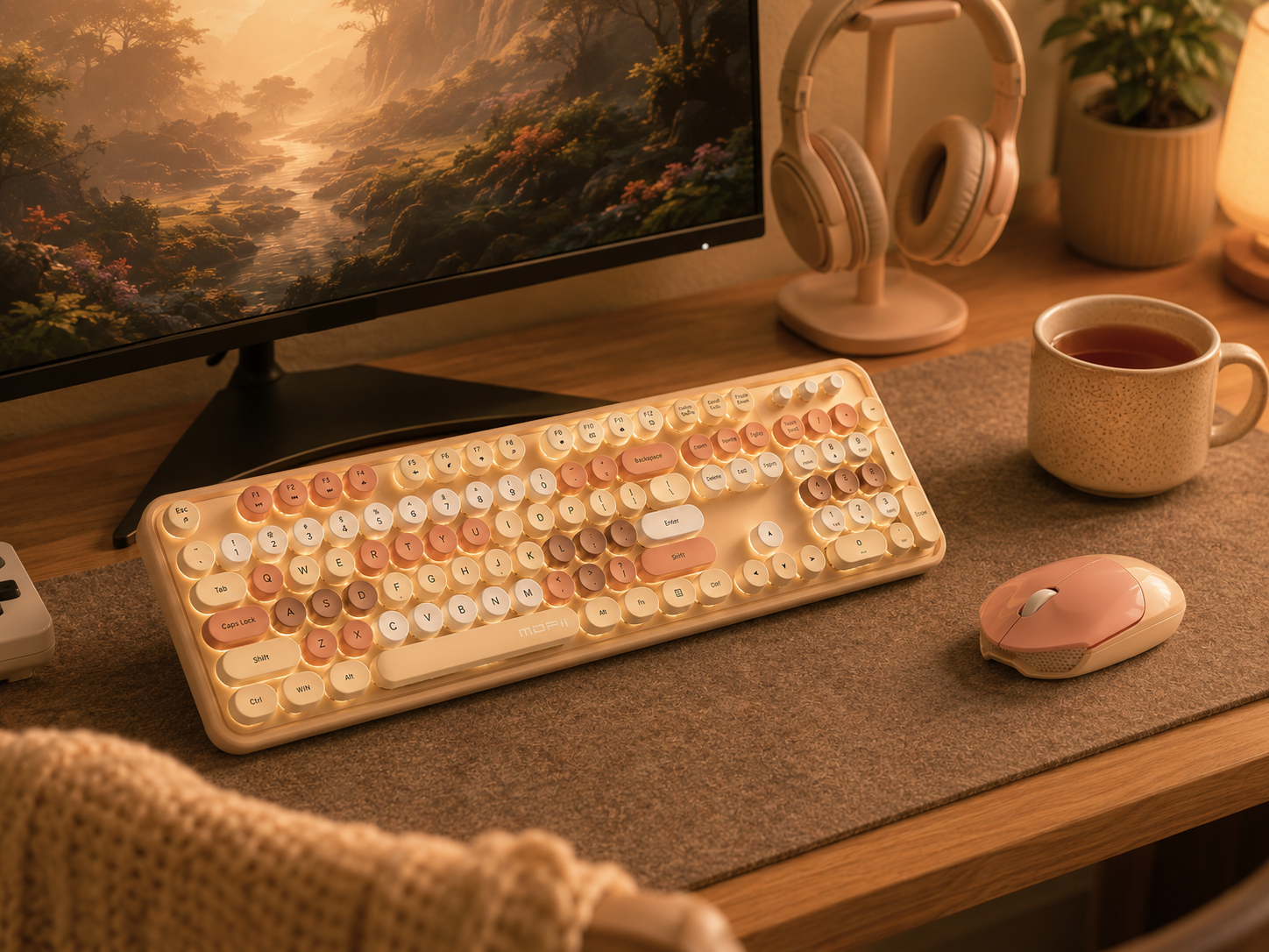 A warm-toned keyboard and mouse on a felt desk mat with a mug of tea nearby in a cozy gaming corner