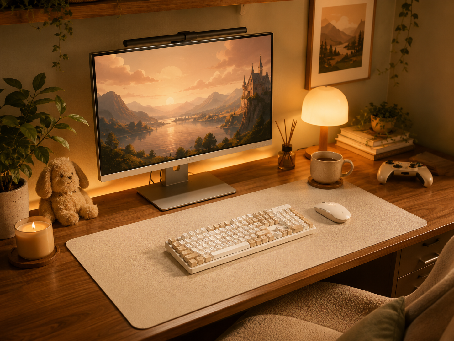 A cozy gaming desk styled with books, a candle, a framed print, and personal touches in warm earthy tones