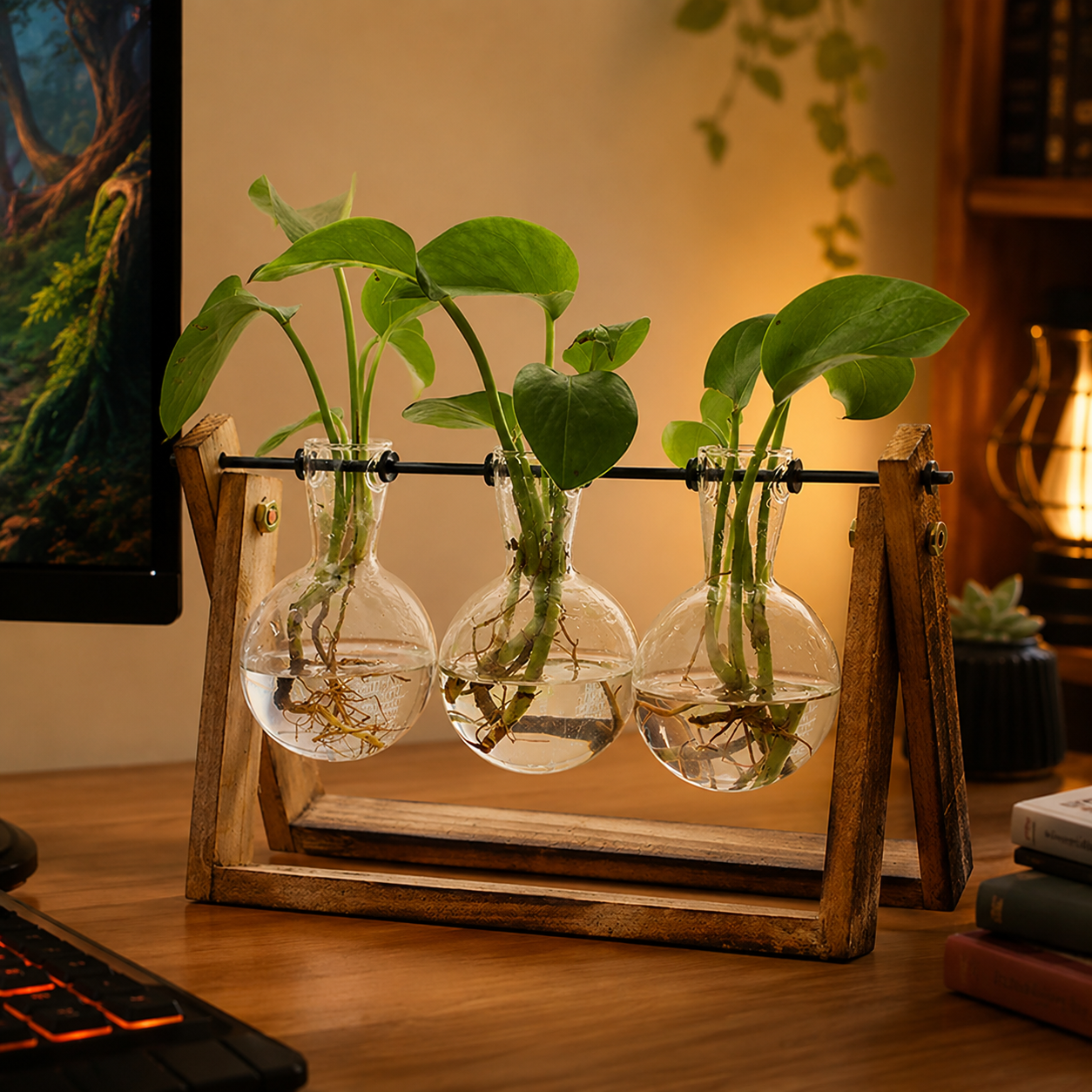 Renmxj plant propagation station with a wooden stand and three glass bulb vases