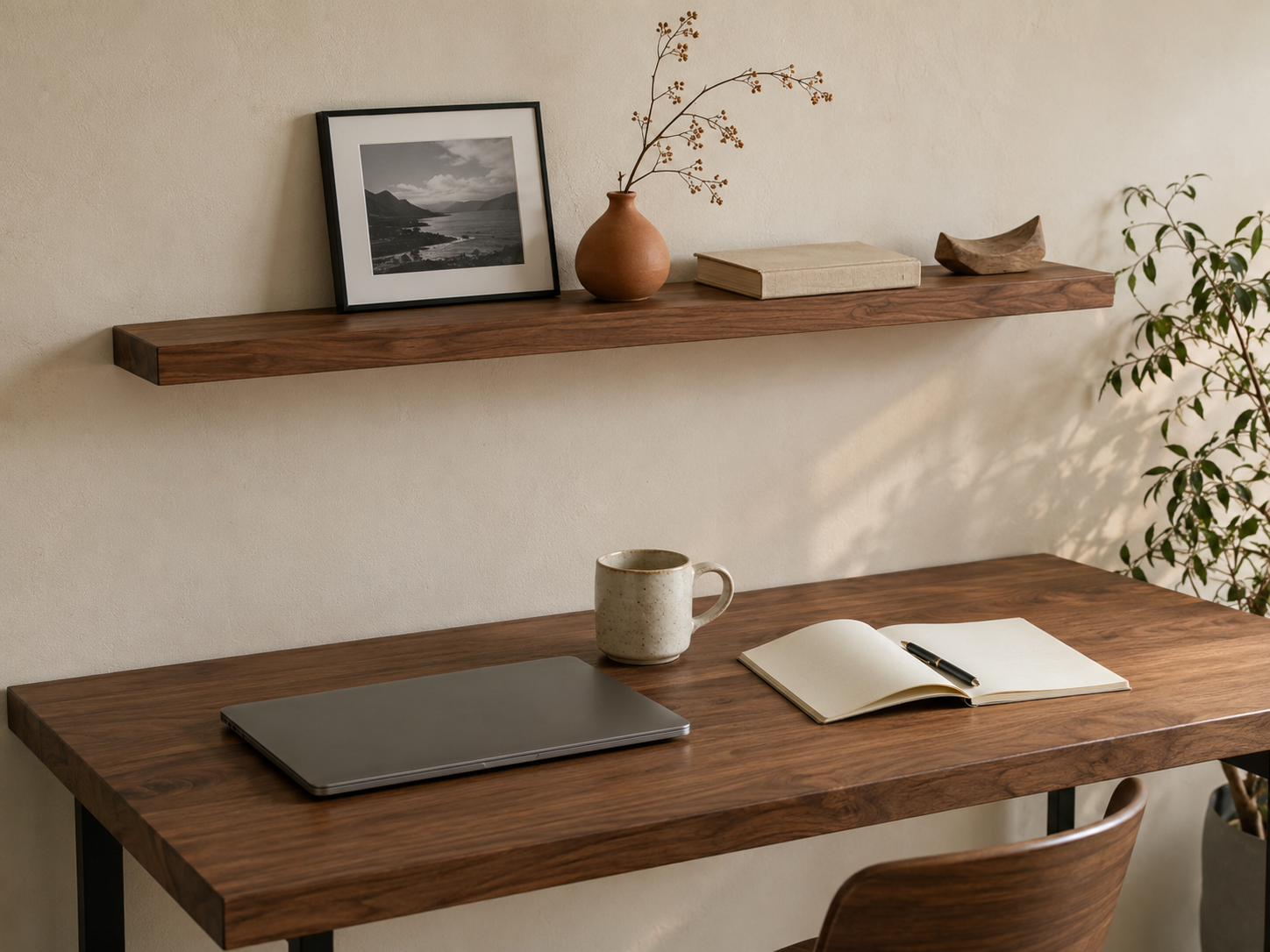 A walnut desk with a floating wooden wall shelf above, displaying a framed photograph, a terracotta ceramic vase with a dried branch, and small wooden objects arranged with deliberate spacing