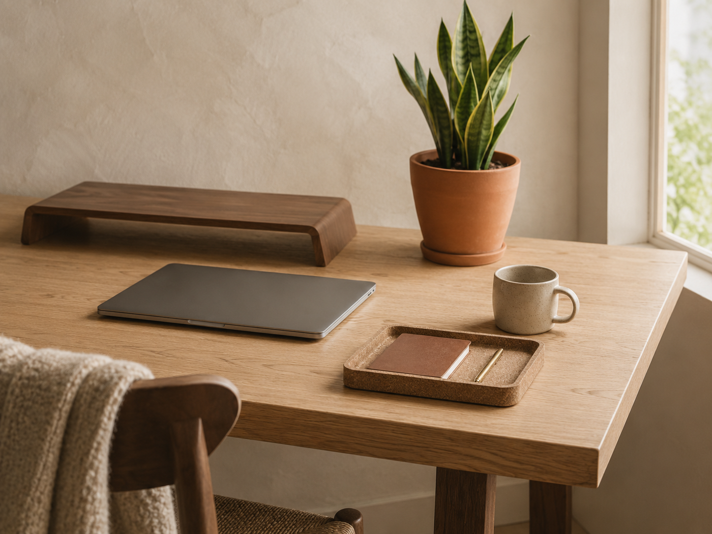 An oak desk beside a window with a small snake plant in a terracotta planter, a cork desk tray, and a ceramic mug, with natural daylight filtering through