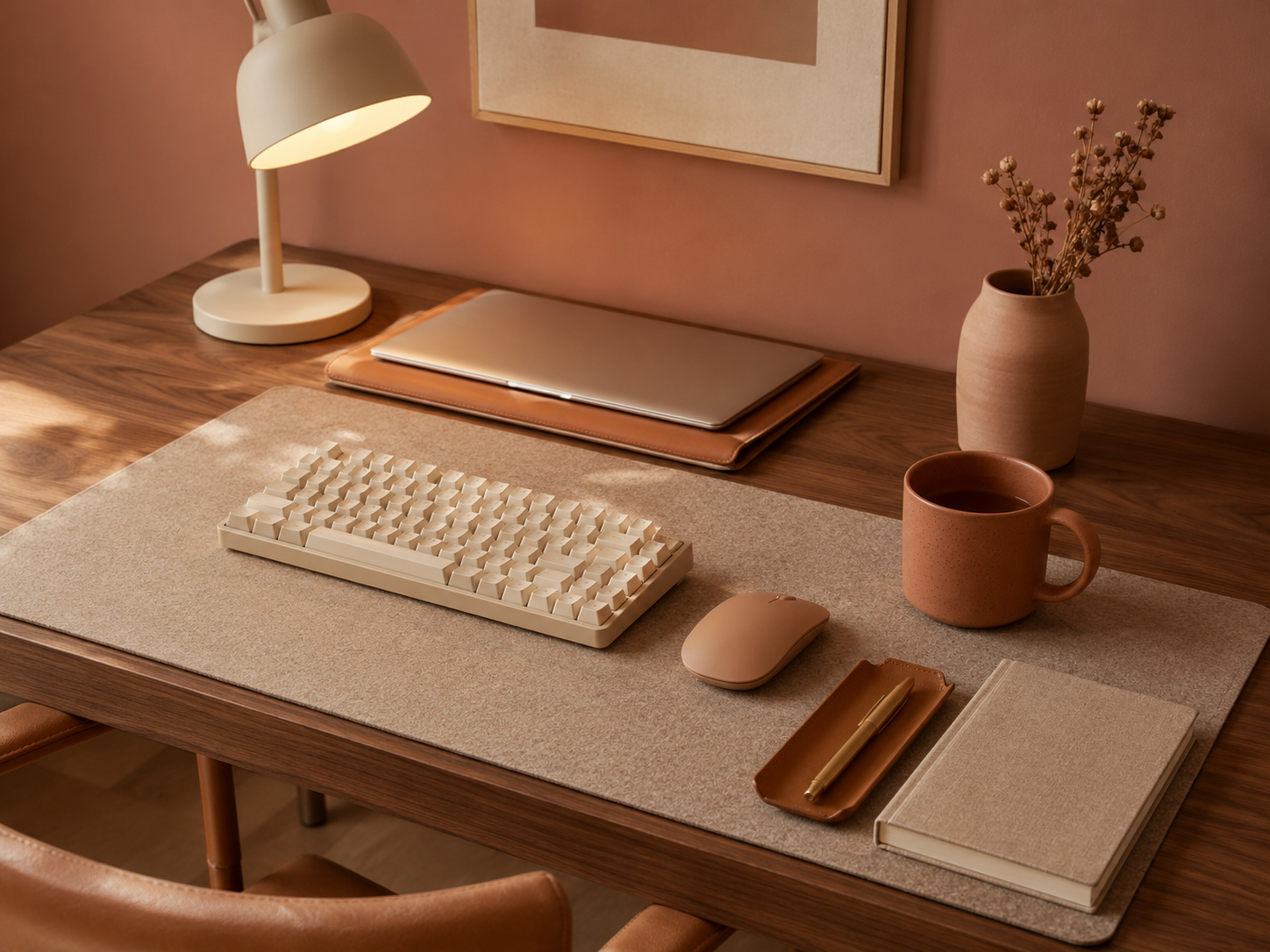 A walnut desk against a warm terracotta accent wall with a fully unified cream, tan, walnut, and brass color palette across every visible element on the desk surface