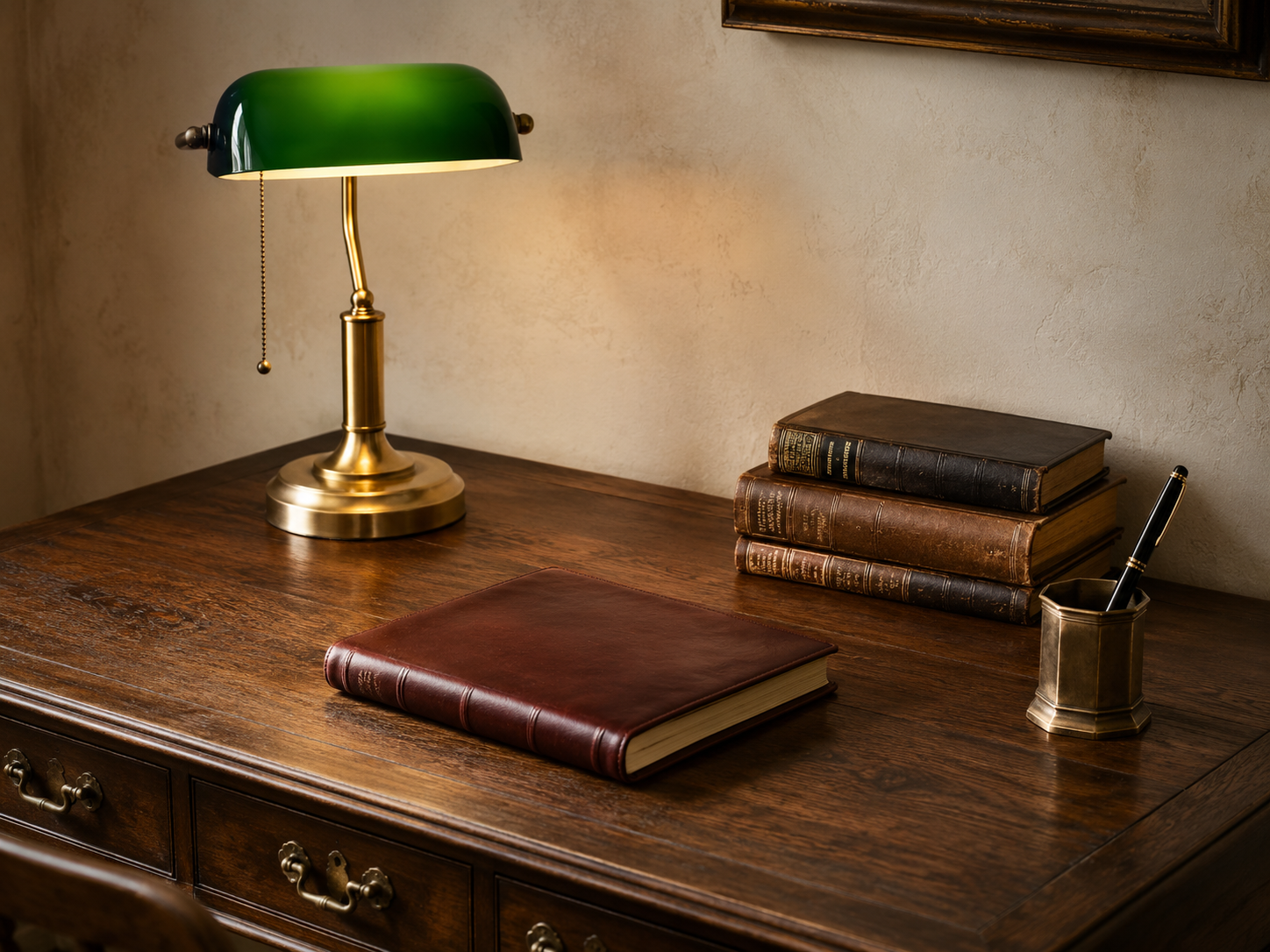A dark walnut writing desk with visible wood grain and brass drawer pulls in a dark academia workspace with a brass banker's lamp casting warm light onto the surface
