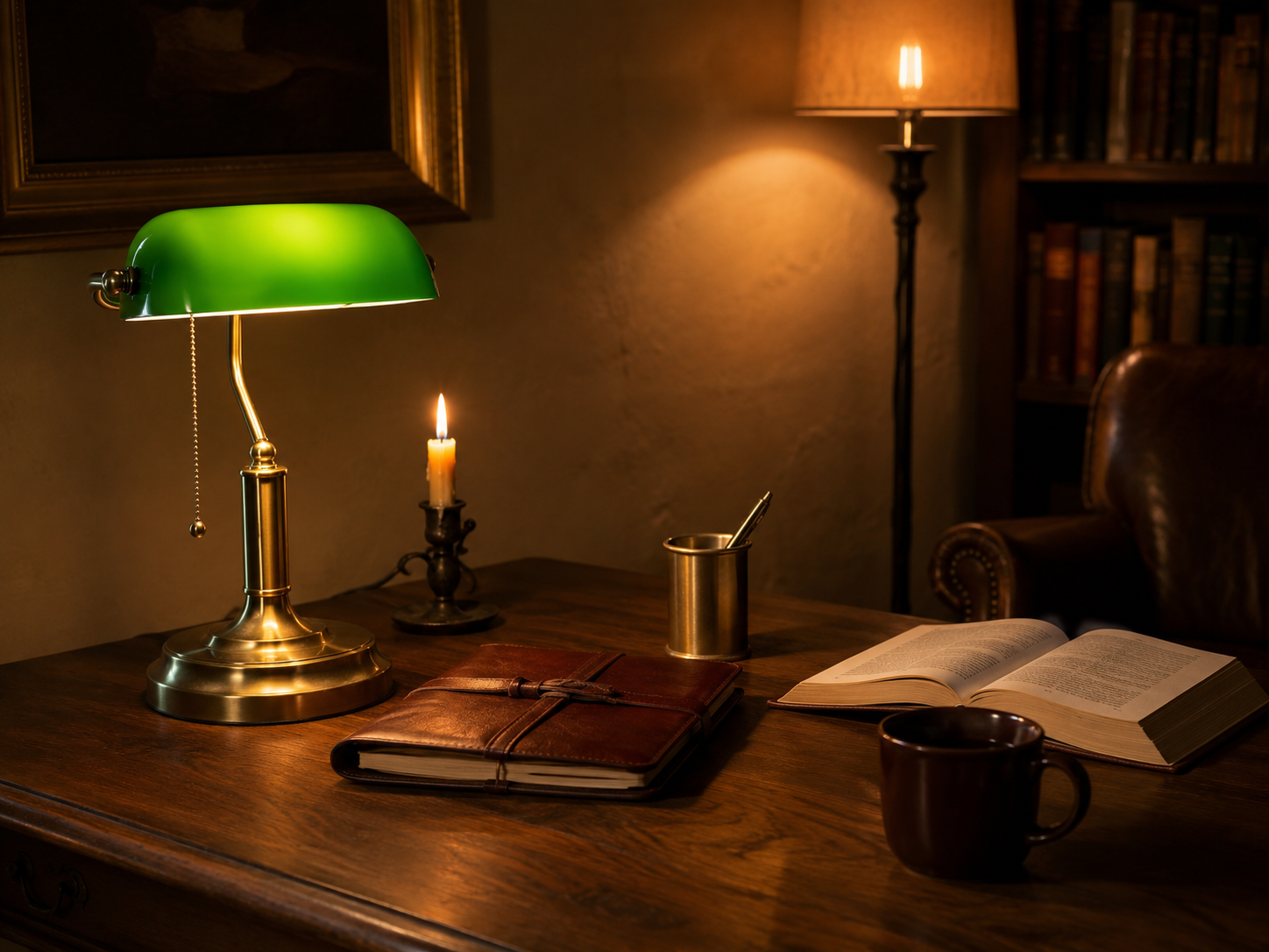 A dark academia desk at evening with a brass banker's lamp, floor lamp behind the chair, and lit taper candle creating layered warm illumination across the workspace