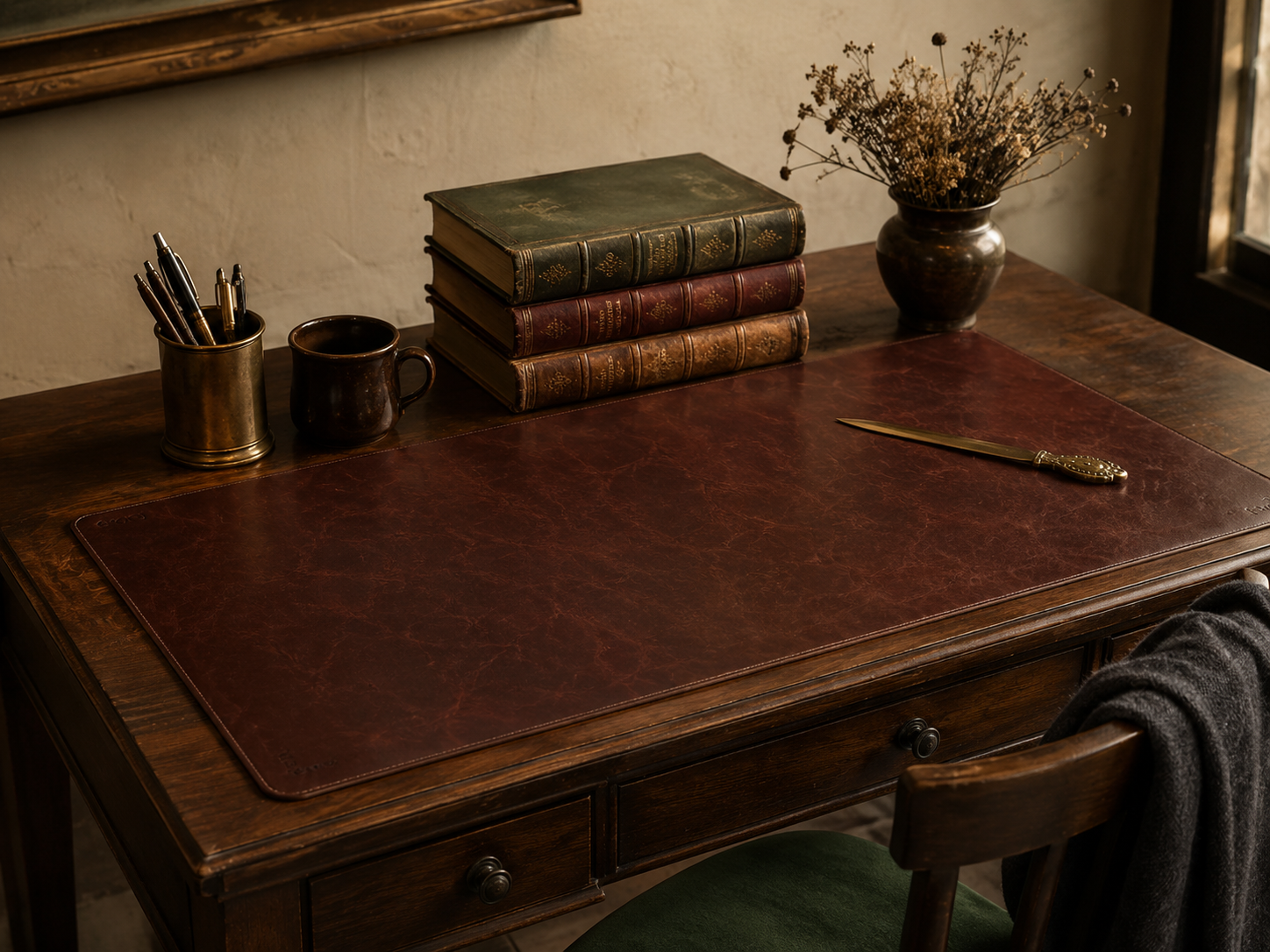 A dark academia desk showcasing walnut wood, oxblood leather desk pad, forest green velvet cushion, and aged brass accents in a unified moody palette