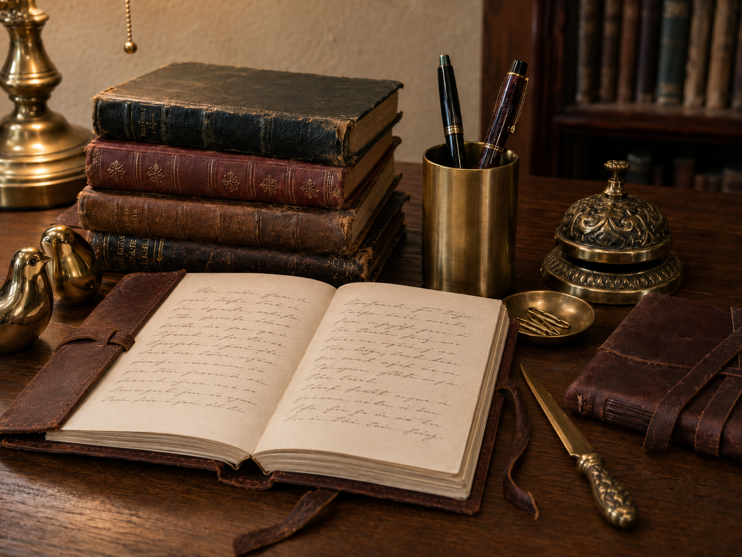A dark academia desk featuring an open leather-bound journal with cream pages, vintage hardcover books with cracked spines, brass pen holder, and fountain pens