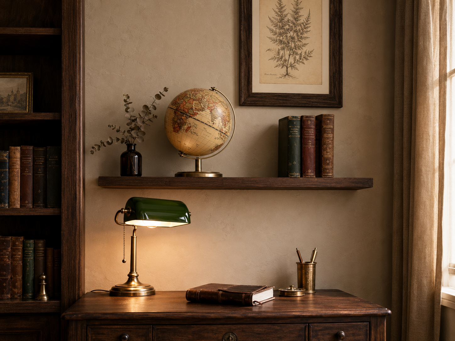 A dark academia floating shelf with a vintage-style decorative globe, antique books, dried eucalyptus, and a sepia-toned framed botanical print above the desk