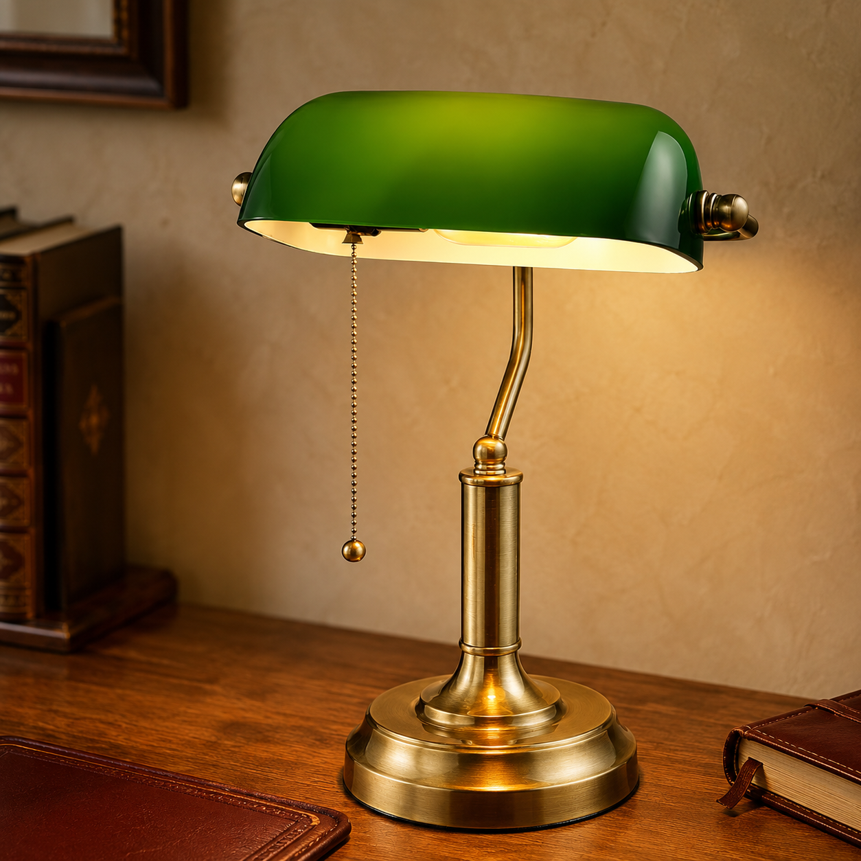 TORCHSTAR green glass banker's desk lamp with antique brass body and pull-chain switch on a walnut writing desk