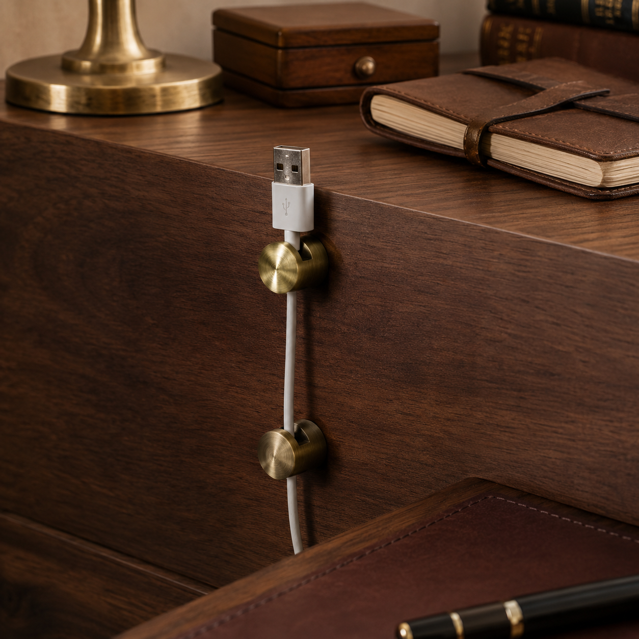 Set of brass-finish cable management clips holding charger cables on the edge of a dark academia desk
