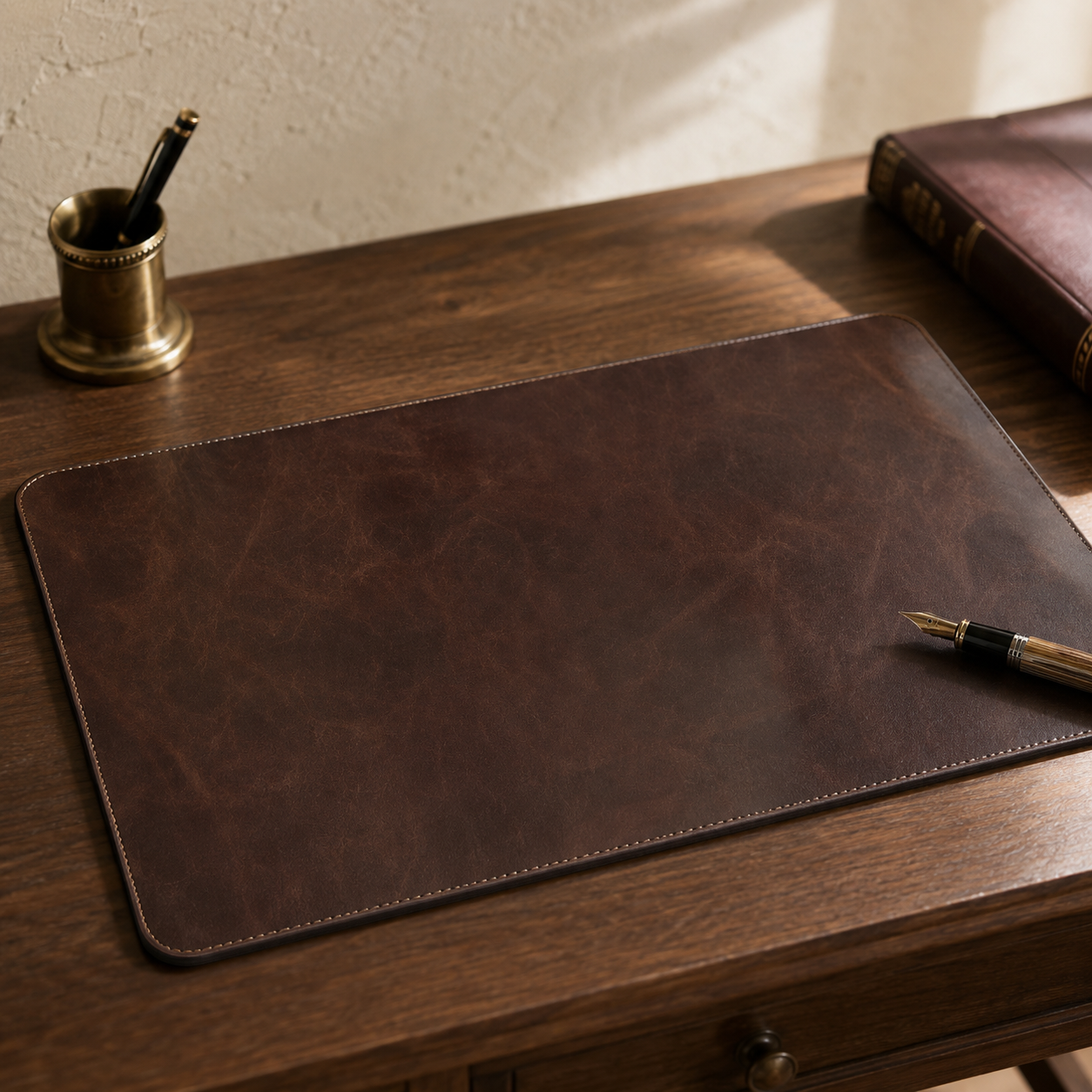 Londo top grain leather extended mouse pad in oxblood with stitched edges on a dark walnut desk