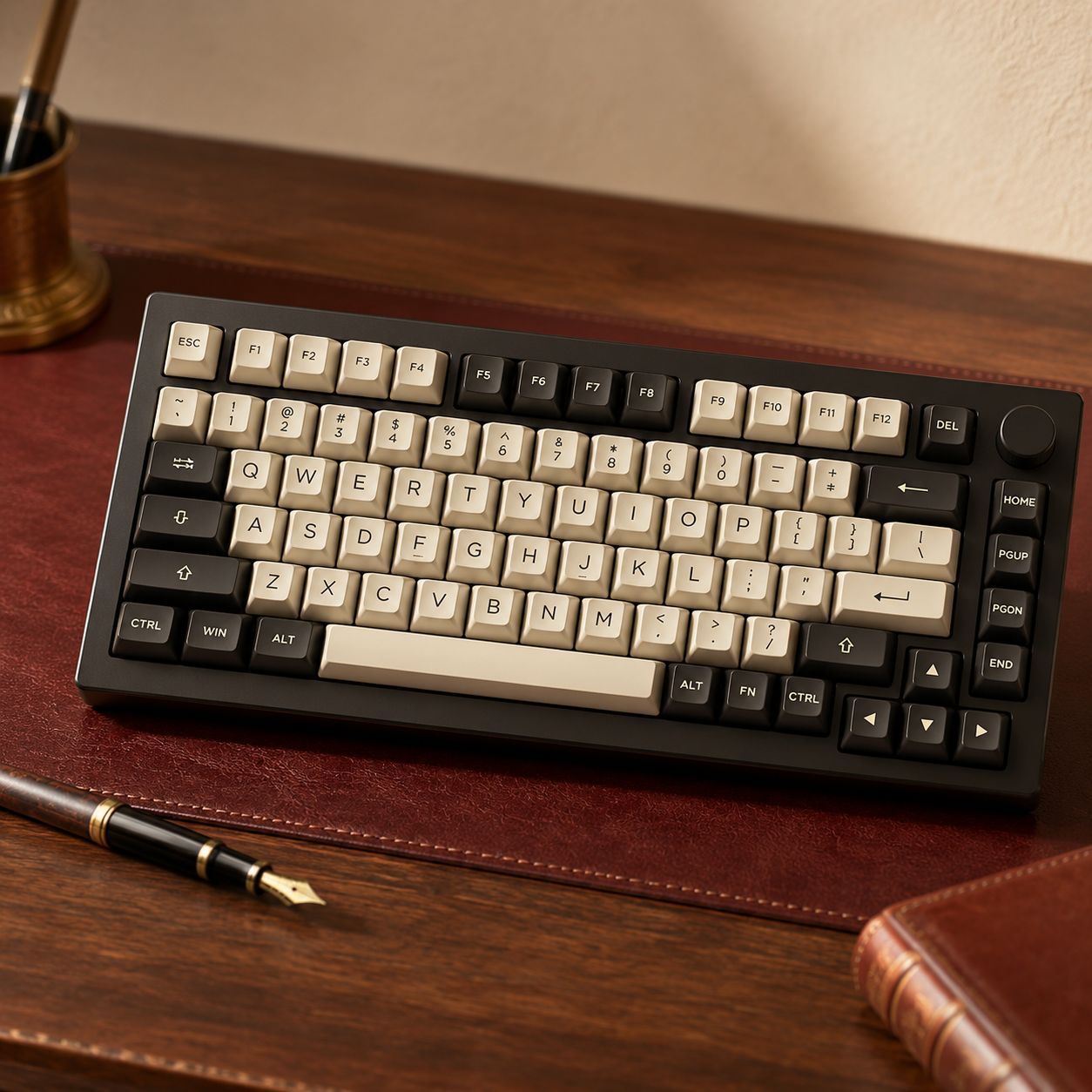 AKKO 5075B Plus mechanical keyboard with retro typewriter-style cream keycaps on an oxblood leather desk pad