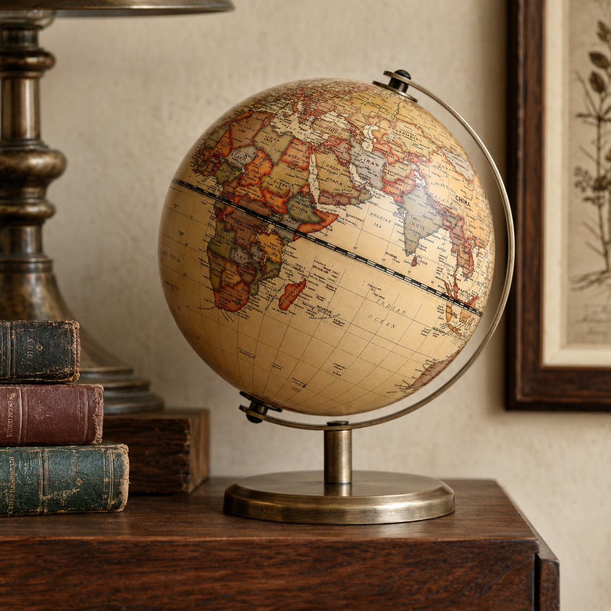 Annova antique decorative globe with brass meridian and aged paper appearance on a dark wood floating shelf