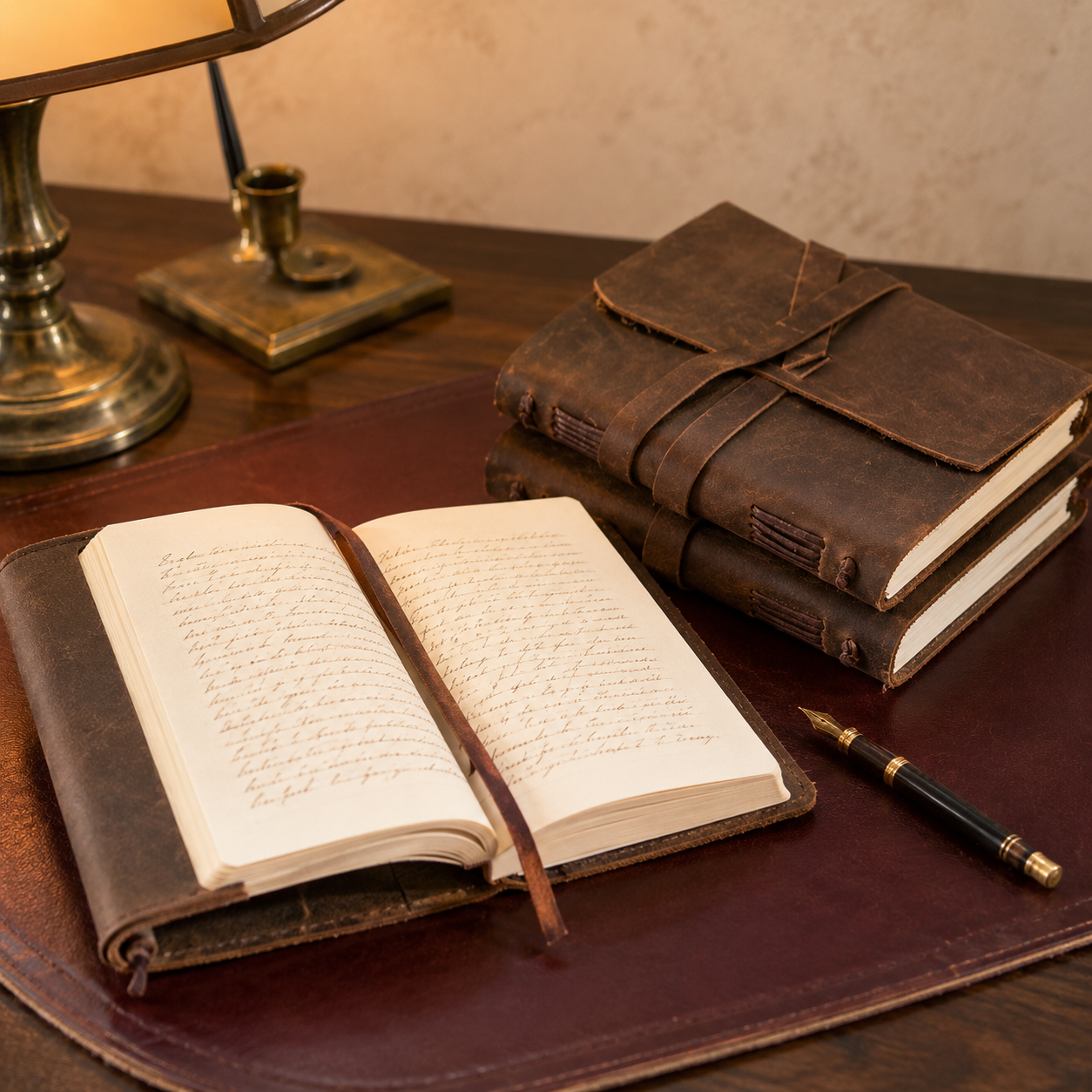 Leather bound journal with bookmark and cream pages on an oxblood leather desk pad alongside a fountain pen