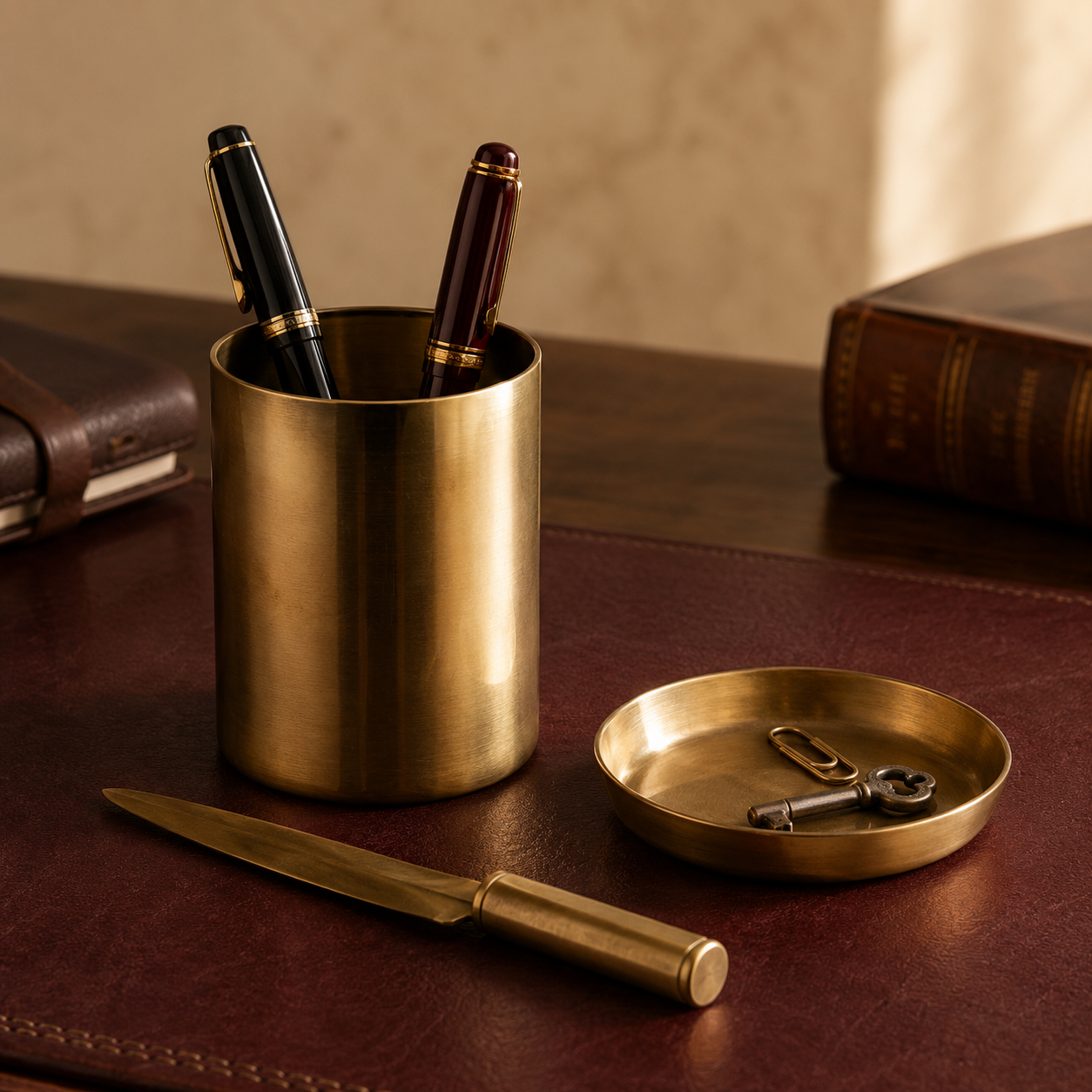 Brass-finish desk organizer pen and pencil holder holding fountain pens on a walnut desk
