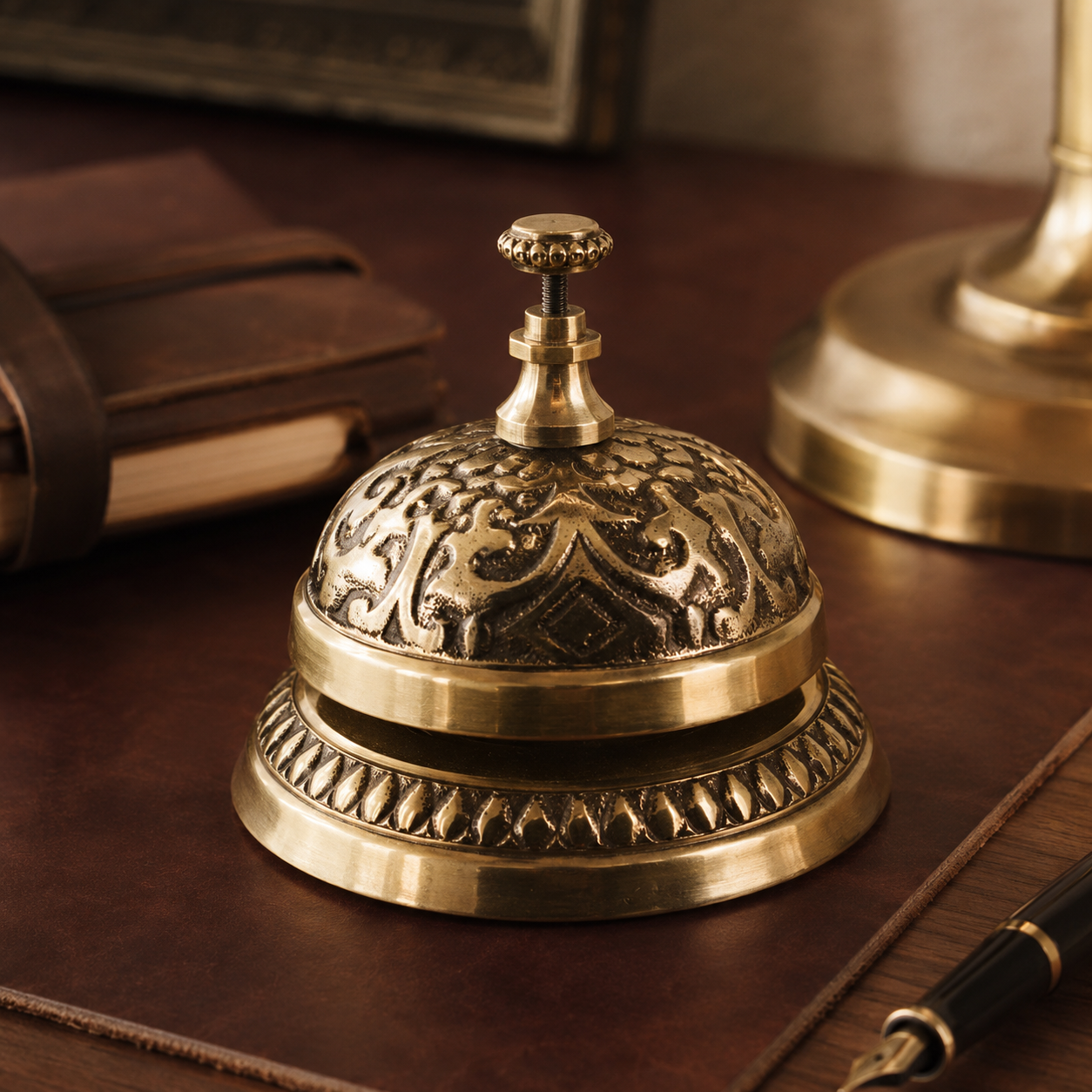 Solid brass Victorian style service desk bell on a walnut writing desk beside vintage books
