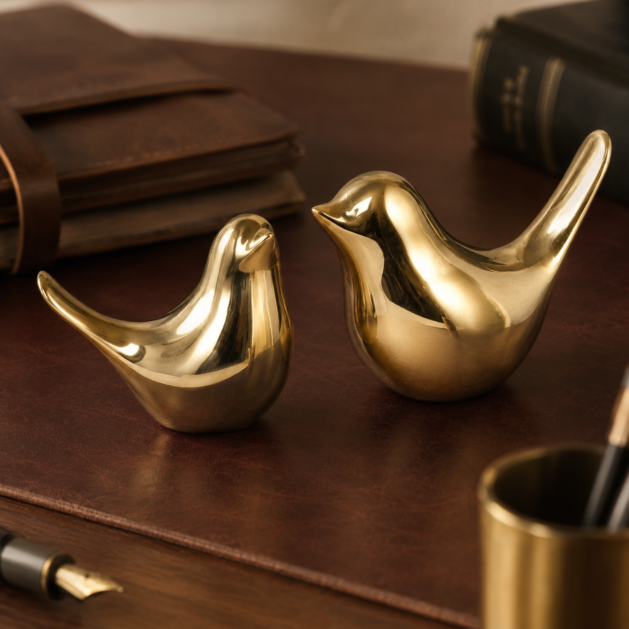 Pair of small decorative brass bird statues with vintage gold finish positioned on a stack of vintage books